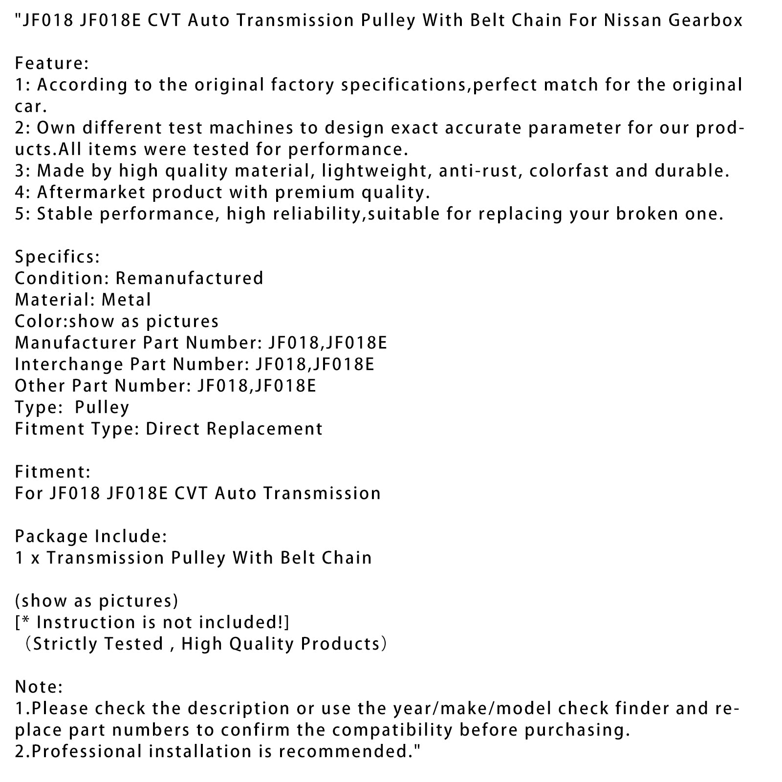 Poulie de transmission automatique de JF018 JF018E CVT avec la chaîne de ceinture pour la boîte de vitesse de Nissan