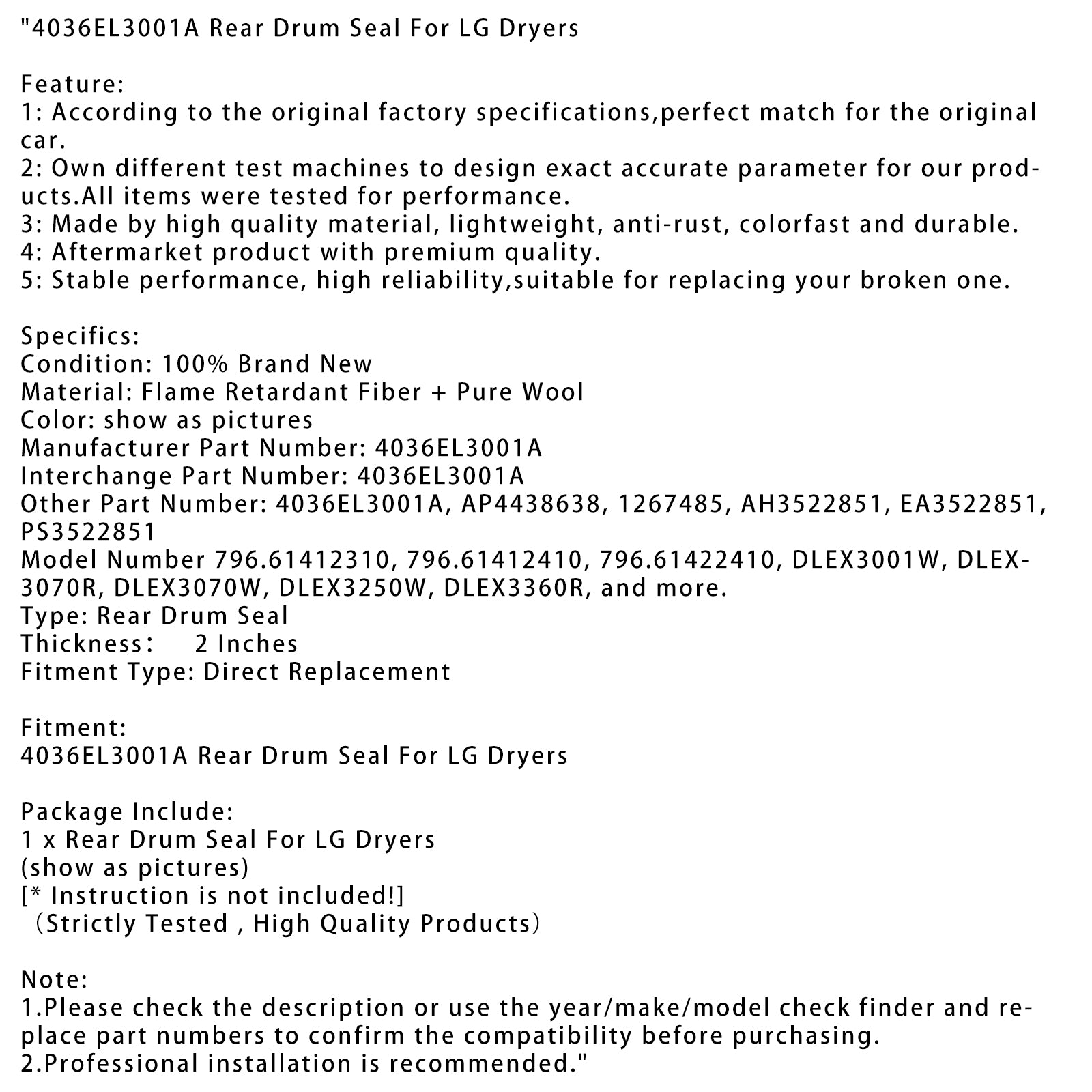 Sèche-linge LG Joint à tambour arrière 4036EL3001A