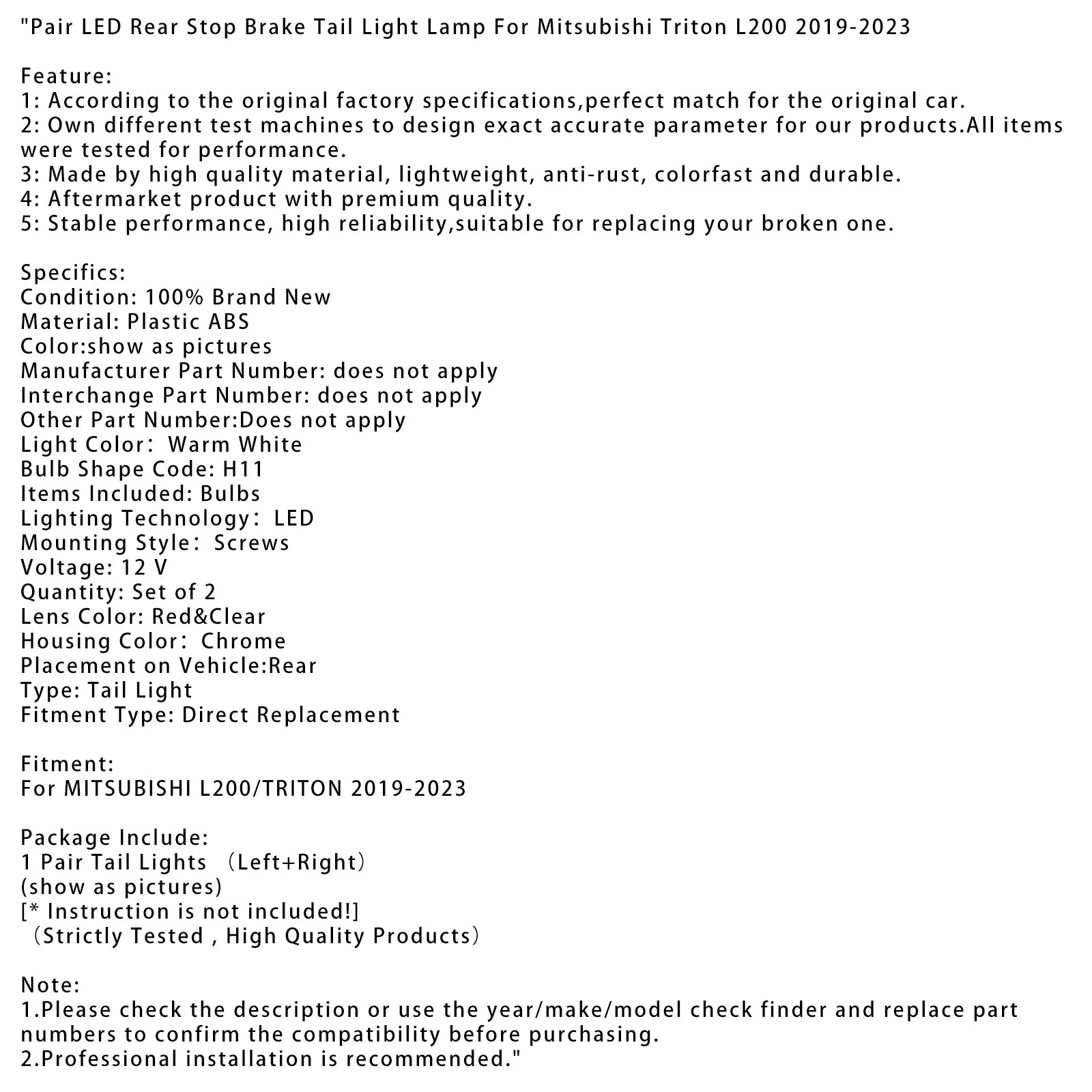 2019-2023 Mitsubishi Triton L200 Pár LED ZASADNÁ ZÁVOSŤ BRKZY TACHELA SVETLO LAMP