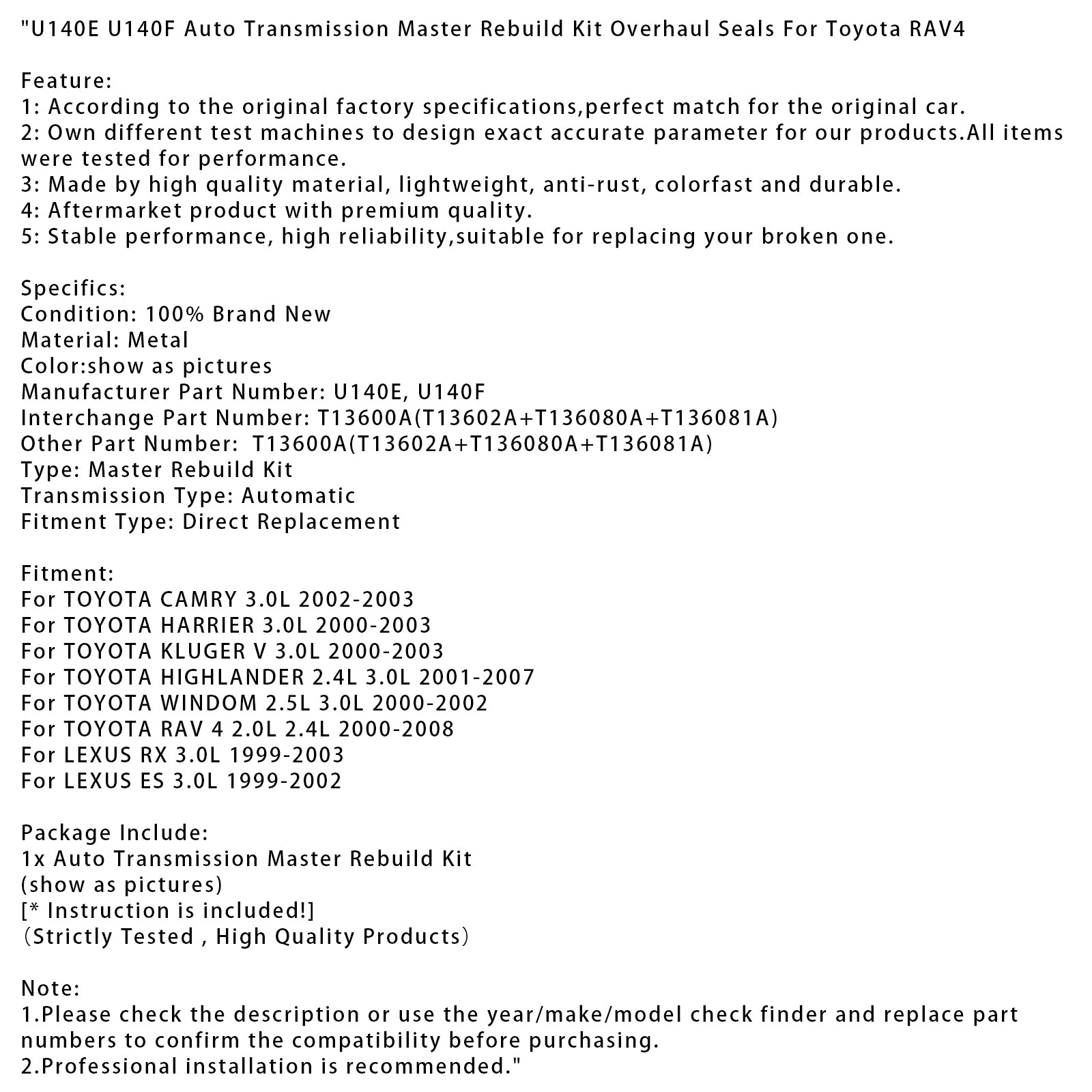 1999-2002 LEXUS ES 3.0L autoväxellåda Master Rebuild Kit Översynstätningar U140E U140F T13600A
