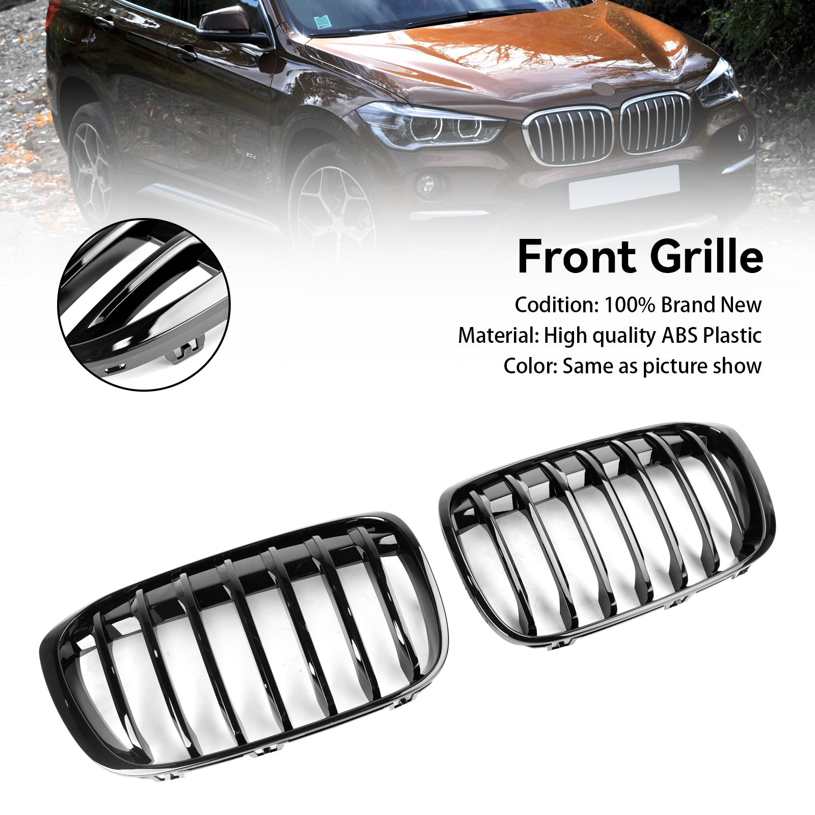 2016-2018 BMW X1 F48 F49 Gloss Black Front Kidney Grille Grill 2PCS