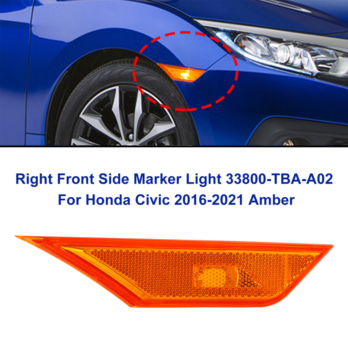 2016-2021 Honda Civic Right Front Side Marker Light Amber 33800-TBA-A02 Generic