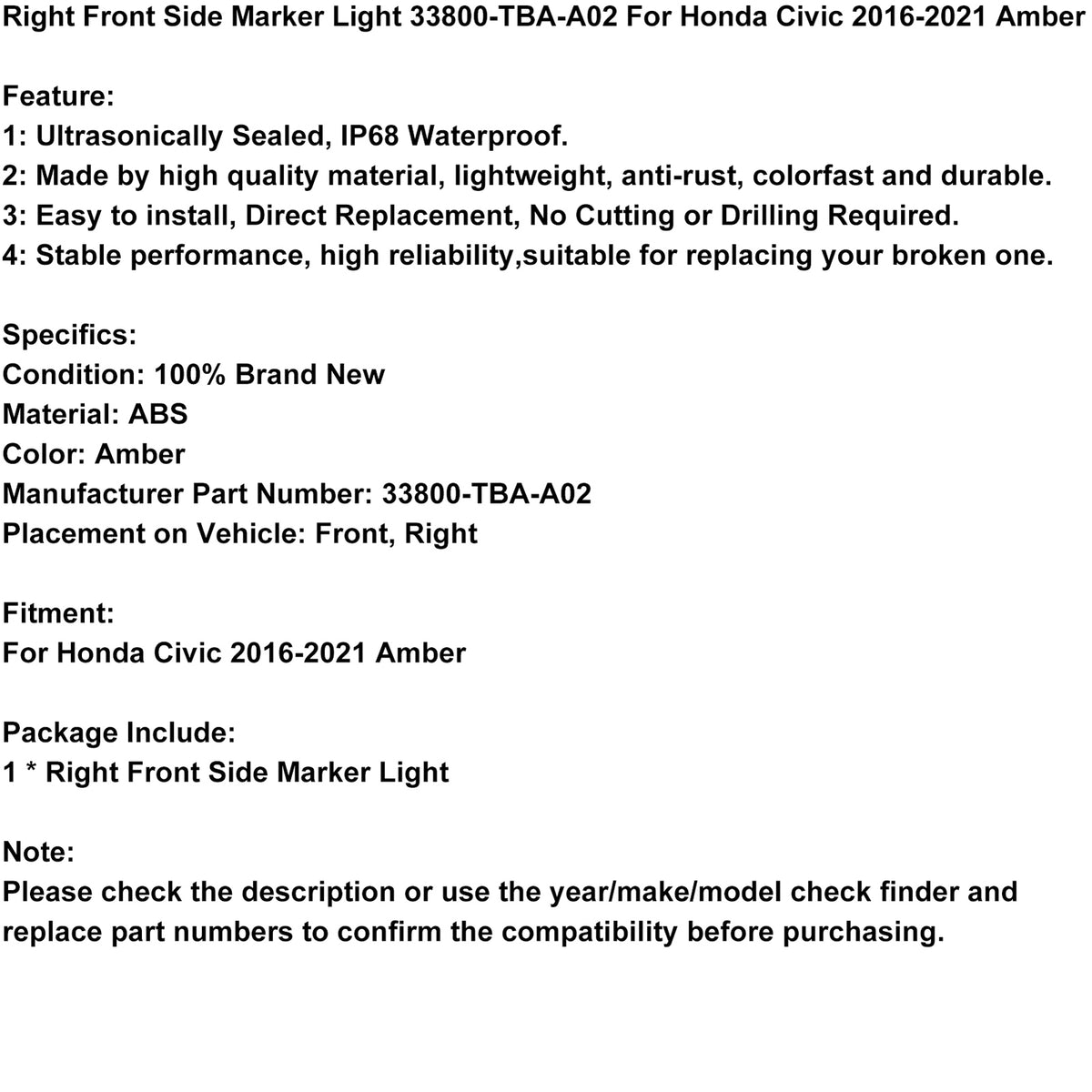 2016-2021 Honda Civic Right Front Side Marker Light Amber 33800-TBA-A02 Generic