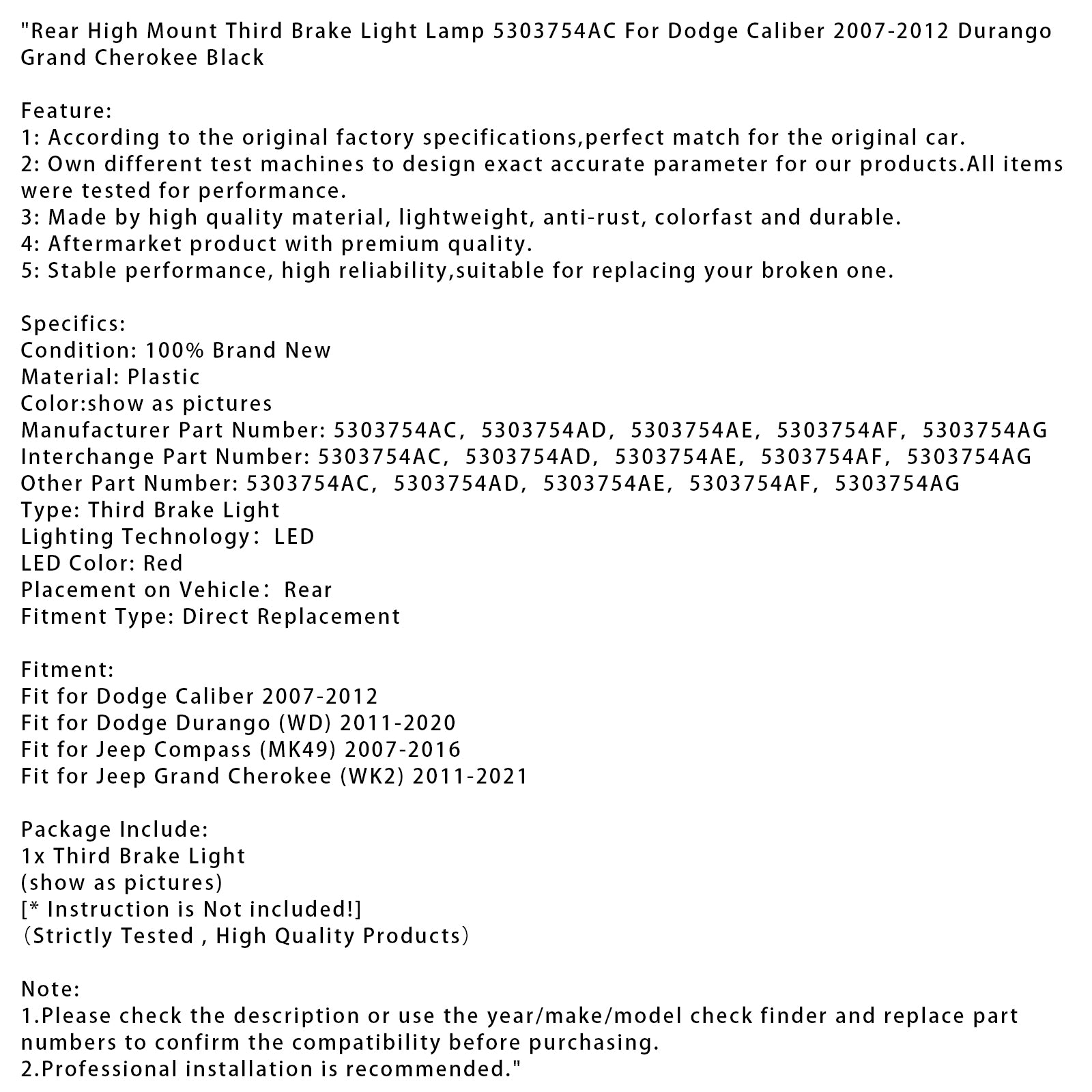 Rear High Mount Third Brake Light Lamp For Dodge Caliber 2007-2012