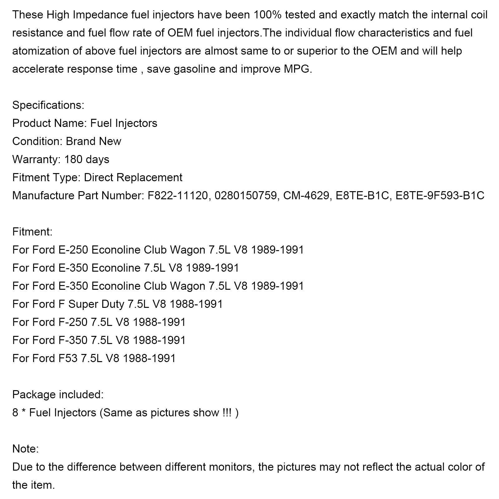 8PCS Fuel Injectors 0280150759 Fit Ford E-250 E-350 7.5L V8 1988-1991 822-11120