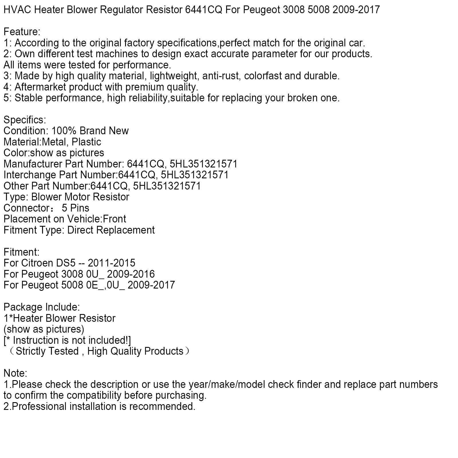 Résistance de régulateur de ventilateur de chauffage HVAC 6441CQ, pour Peugeot 3008 5008 2009 – 2017