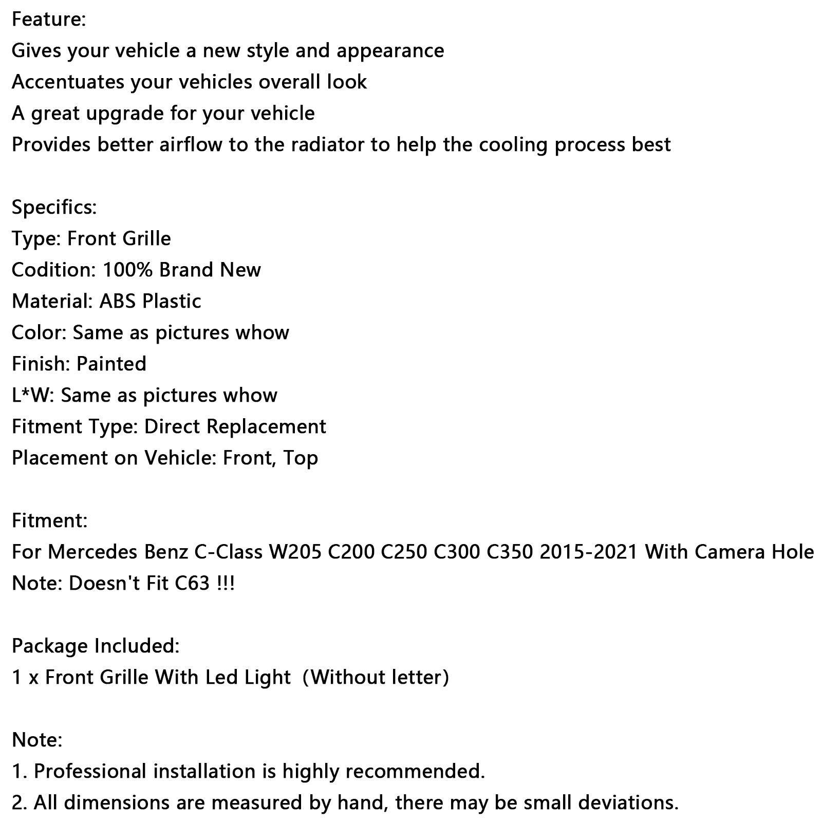 Mercedes 2015-2021 W205 Grade do para-choque dianteiro cromado C250 C300 com LED