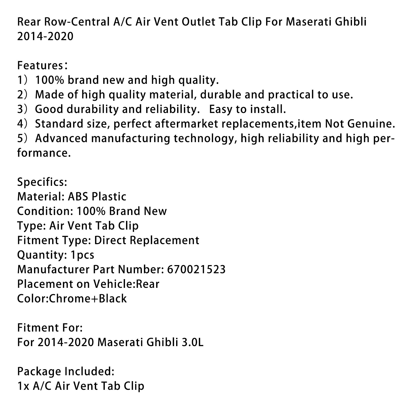 2014-2020 Maserati Ghibli Rear Row-Central A/C Luftventil Utlopp Flik Clip 670021523