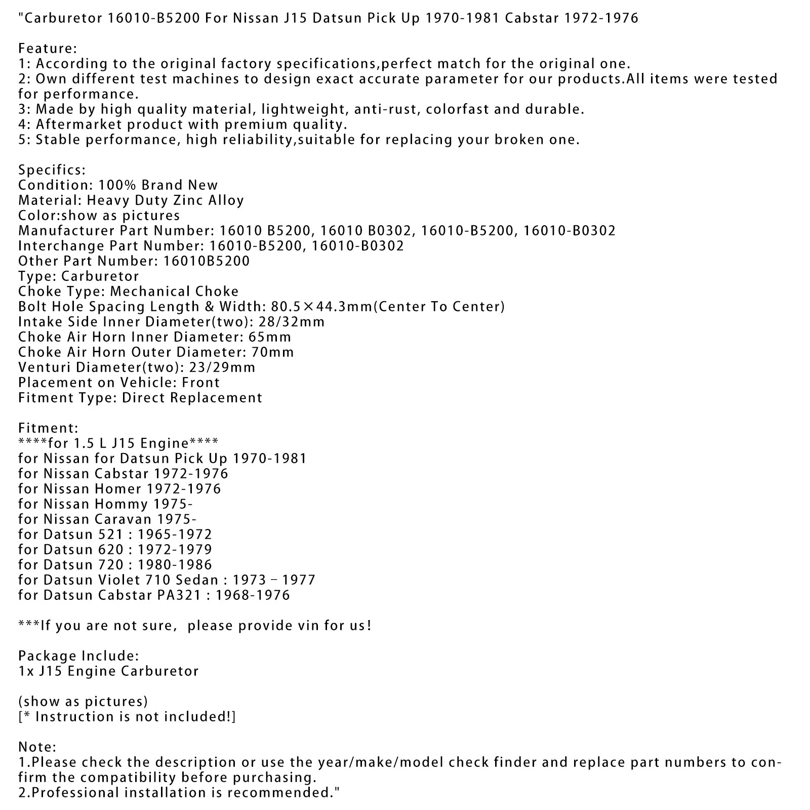 Carburetor 16010-B5200 For Nissan J15 Datsun Pick Up 1970-1981 Cabstar 1972-1976
