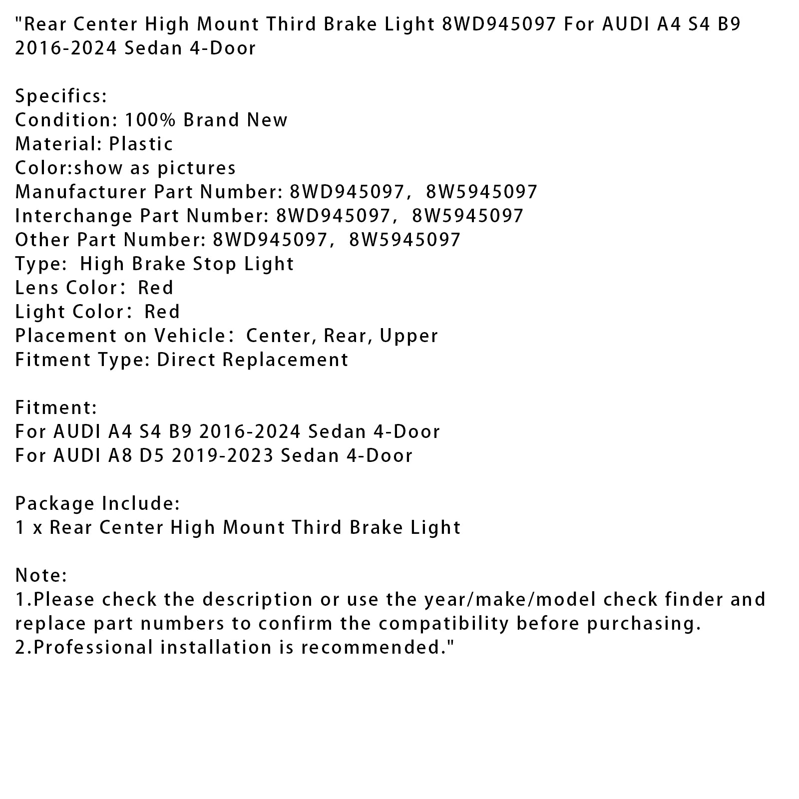 Zadný stredový montáž tretie brzdové svetlo 8WD945097 pre Audi A4 S4 B9 2016-2024