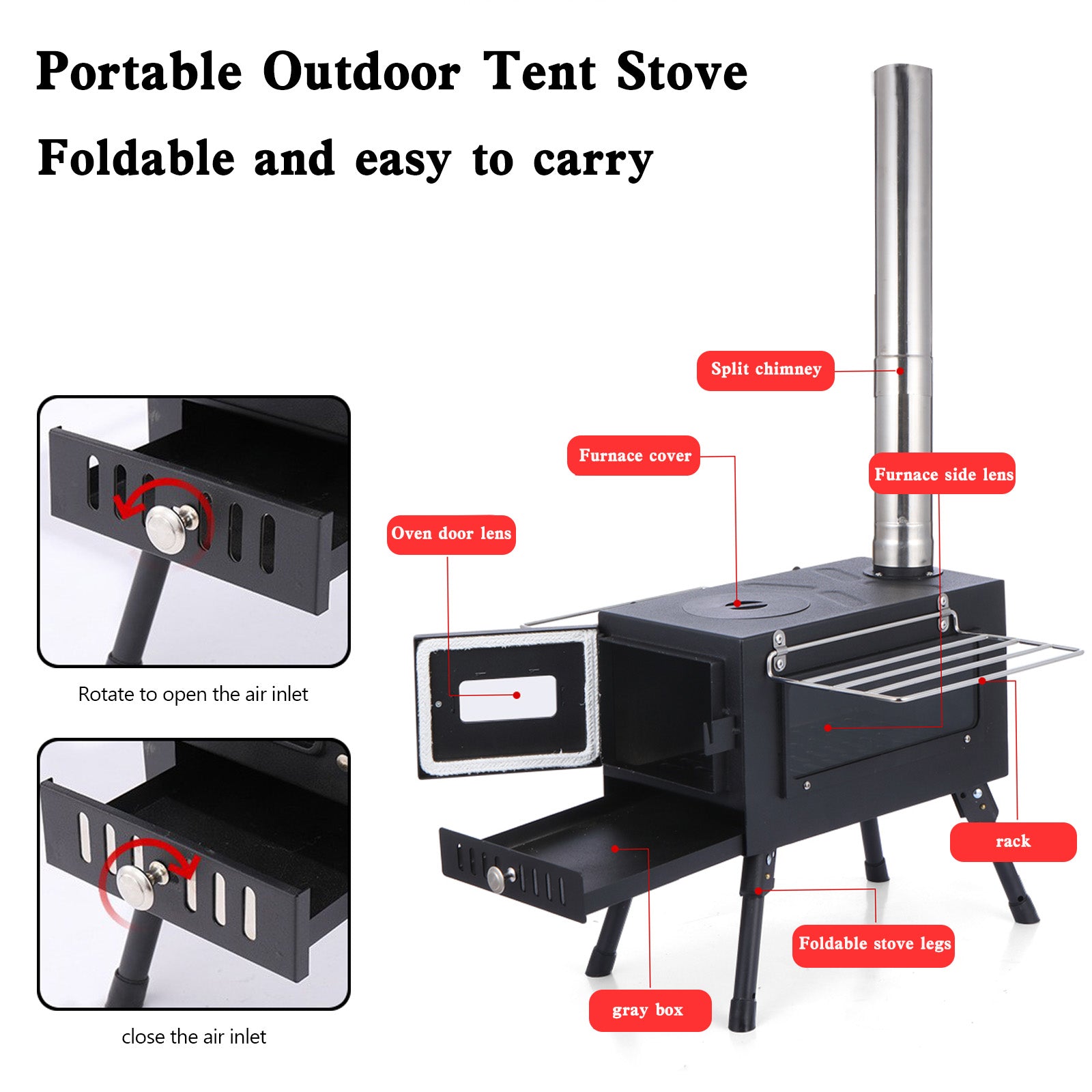 Outdoor draagbare tent camping houtkachels met rookkanaal voor tentkoken