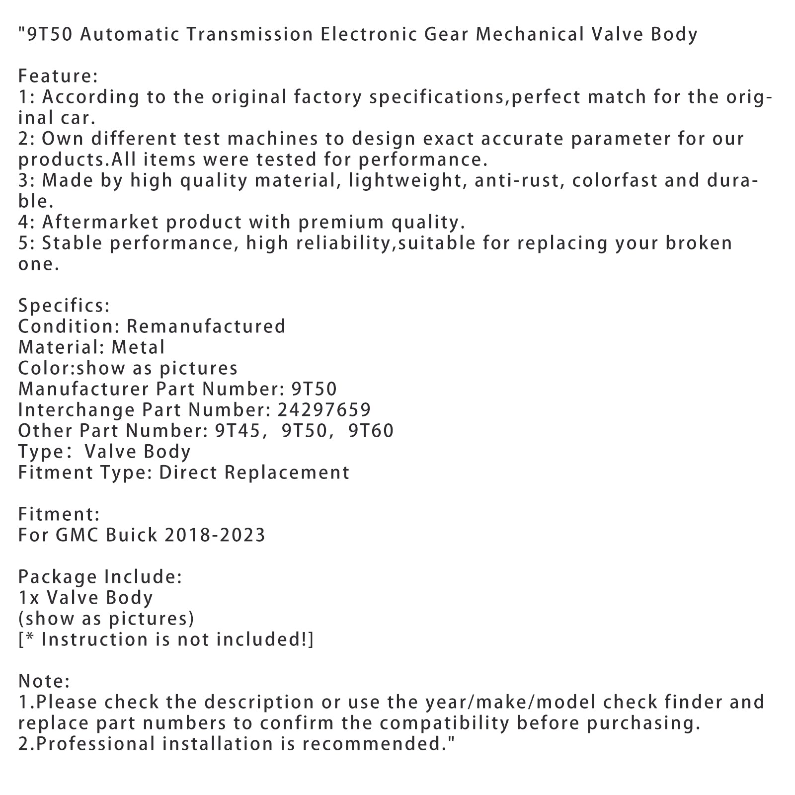 Corps de vanne mécanique à engrenage électronique de transmission automatique GMC Buick 9T50 2018 – 2023