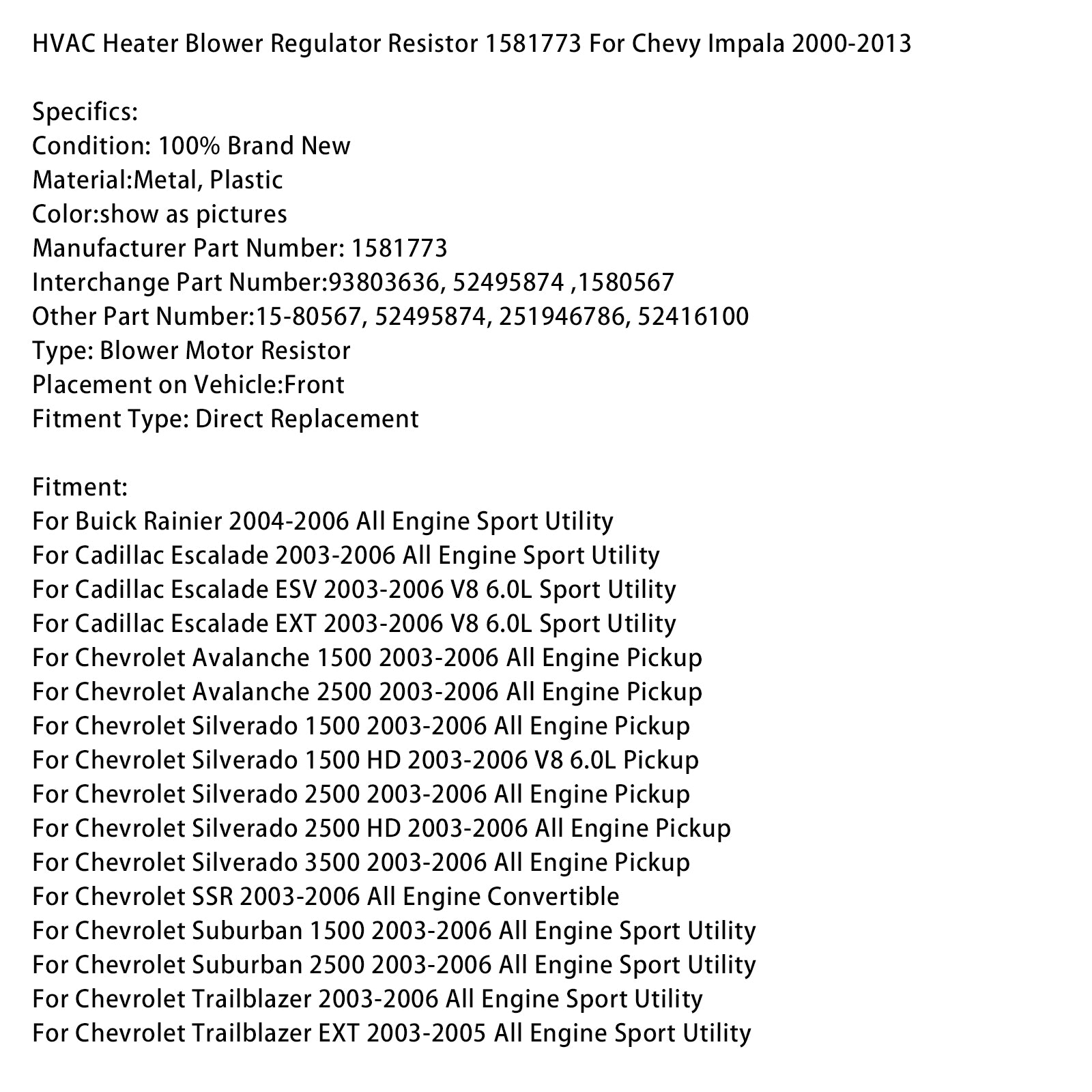HVAC Heater Blower Regulator Resistor 1581773 For Chevy Impala 2000-2013