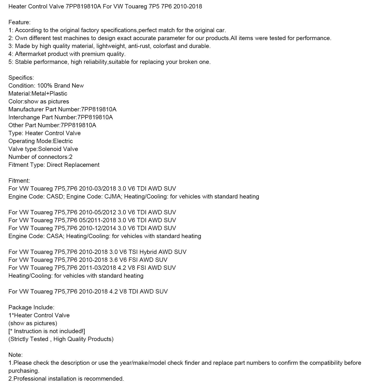 Heater Control Valve 7PP819810A For VW Touareg 7P5 7P6 2010-2018