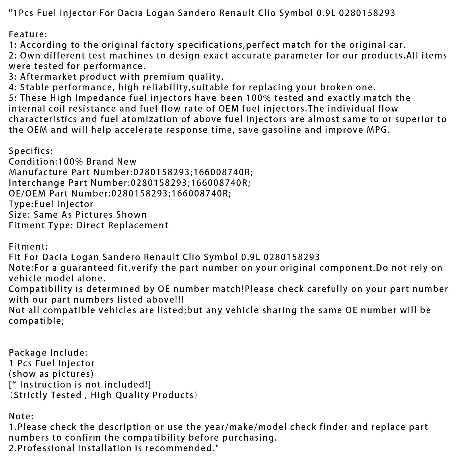 1Pcs Fuel Injector For Dacia Logan Sandero Renault Clio Symbol 0.9L 0280158293