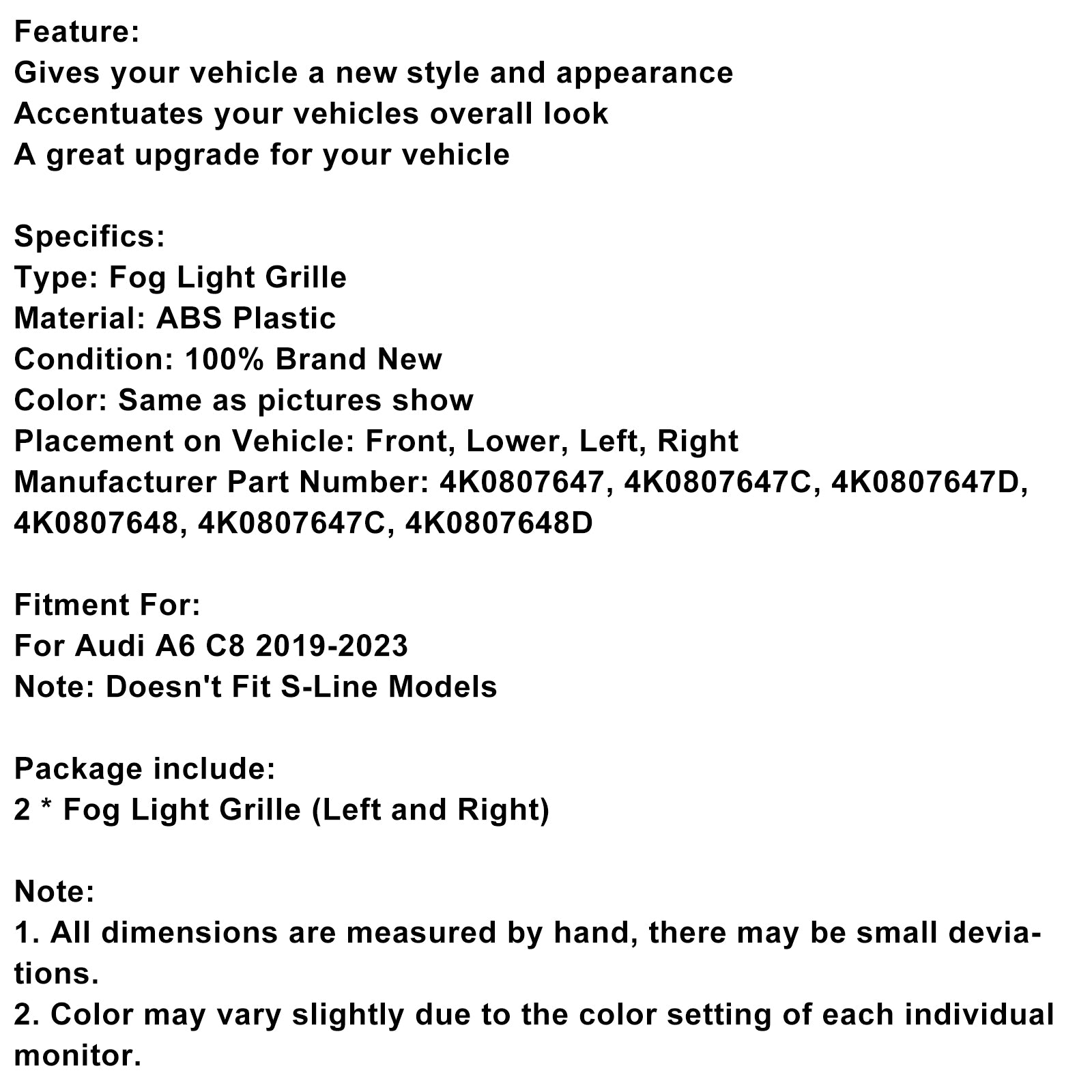 2019-2023 Audi A6 C8 2 STUKS Voorbumper Mistlamp Cover Grill Grille