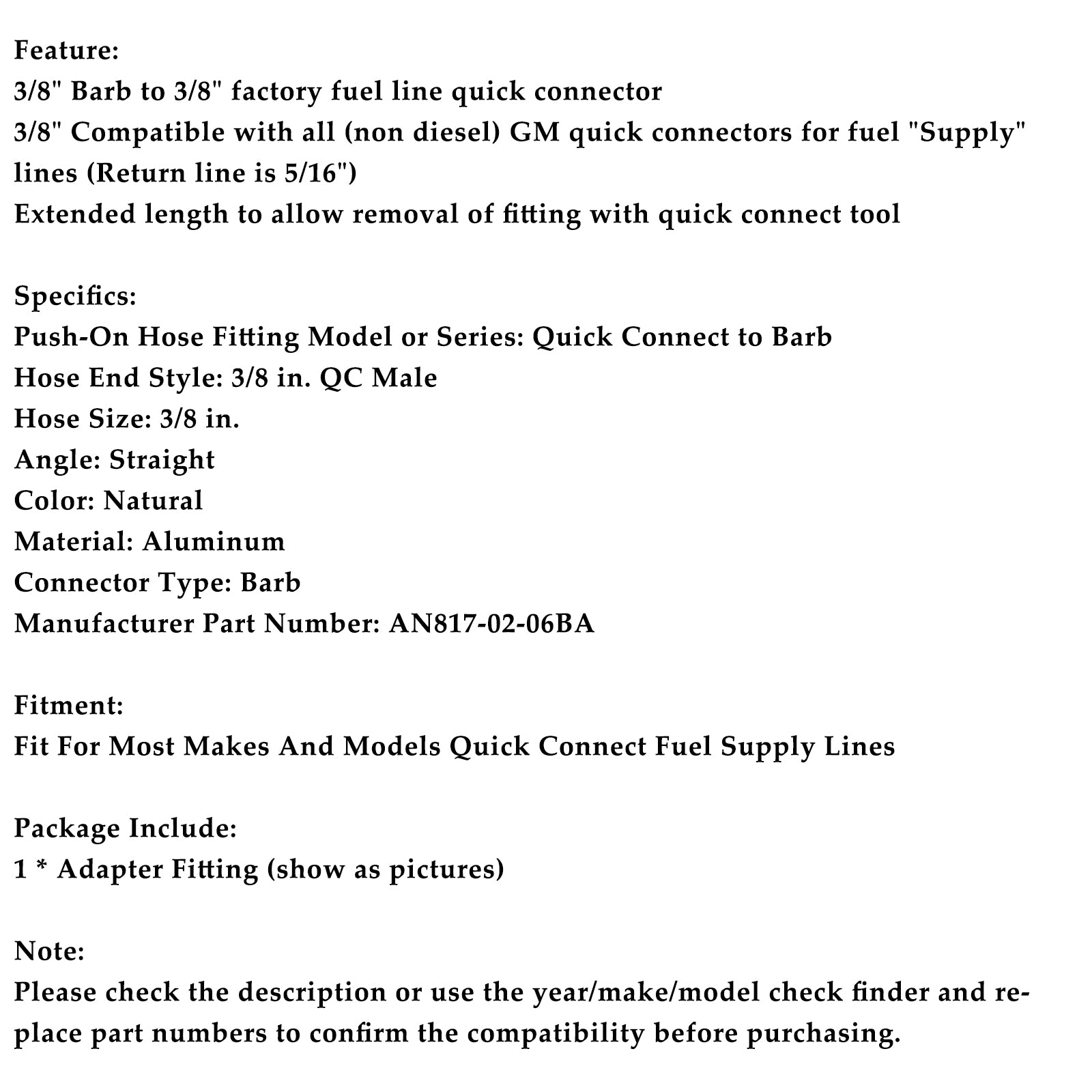 Snelkoppeling 3/8 brandstofrailslang naar 3/8 weerhaakadapterfitting AN817-02-06BA