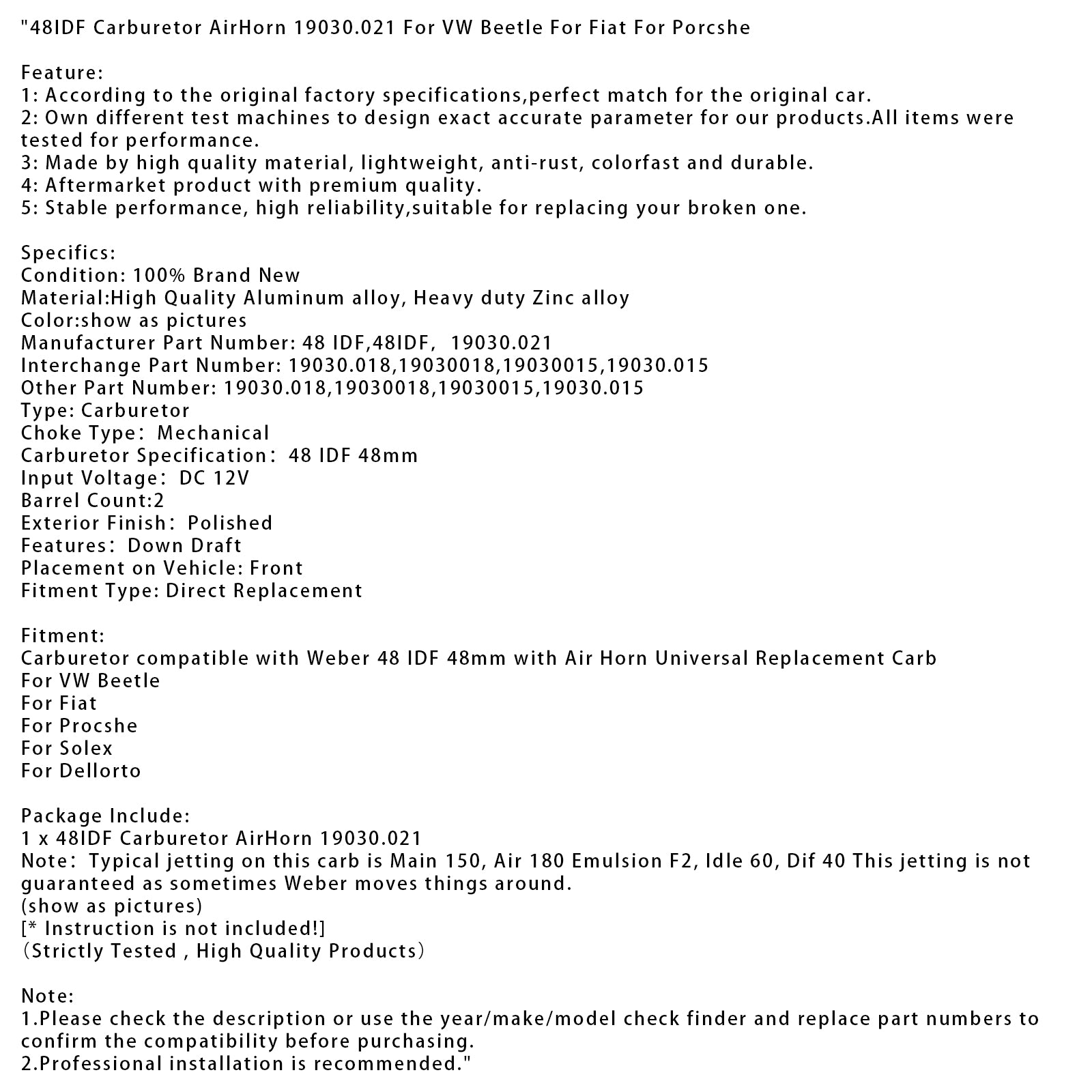48 IDF -förgasare Air Horn 19030.021 för VW Beetle för Fiat för Porcshe