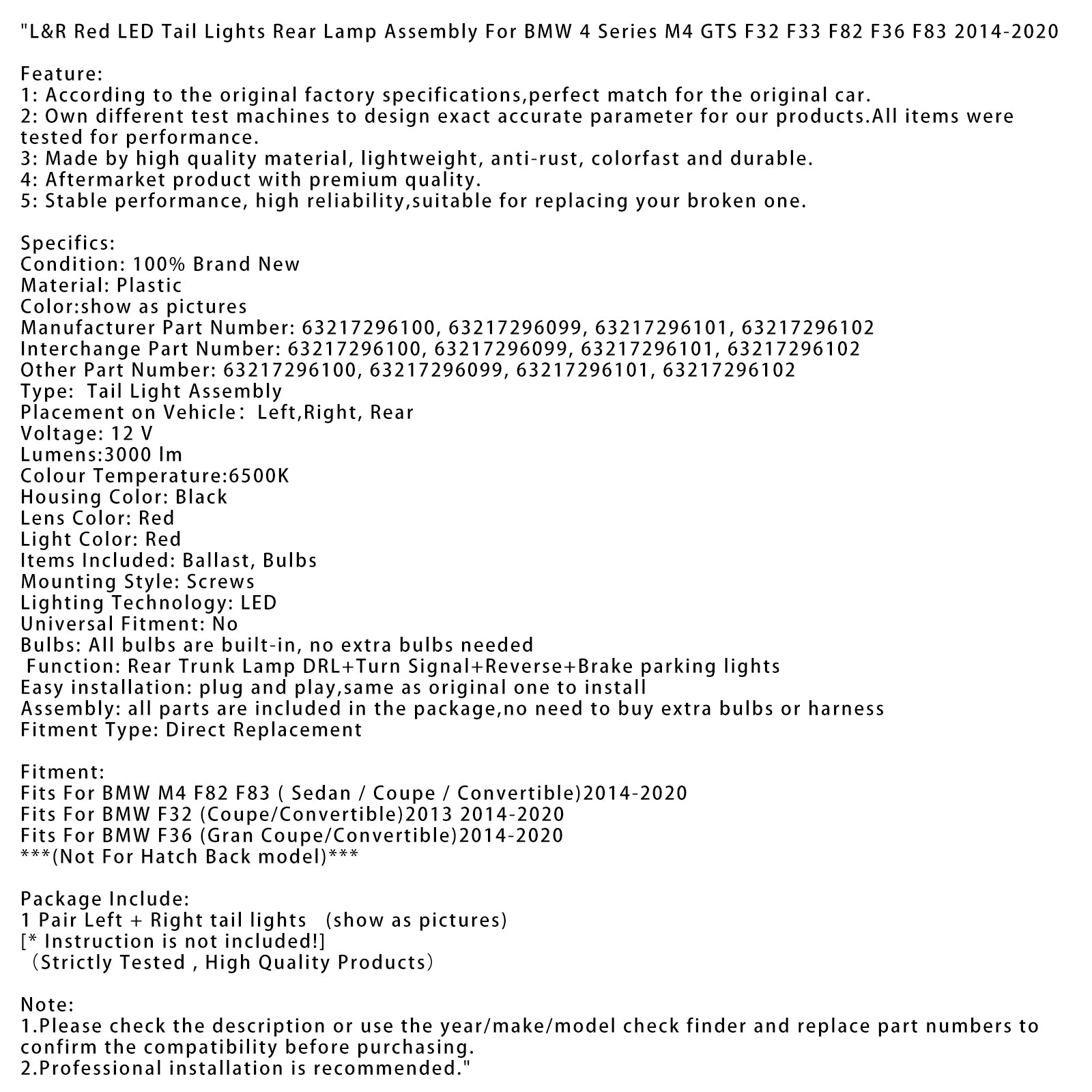 L&R Röda LED-bakljus Bakljusenhet För BMW 4 M4 GTS F32 F33 F82 F36 F83