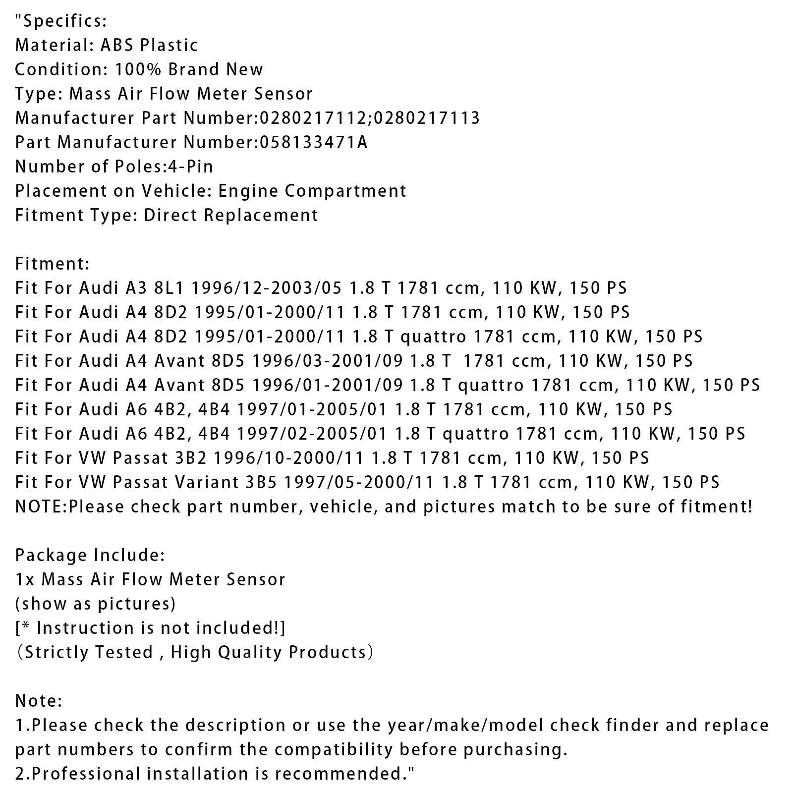 Capteur de débit d'air de masse pour Audi A3 A4 VW Passat 1.8T 0280217112