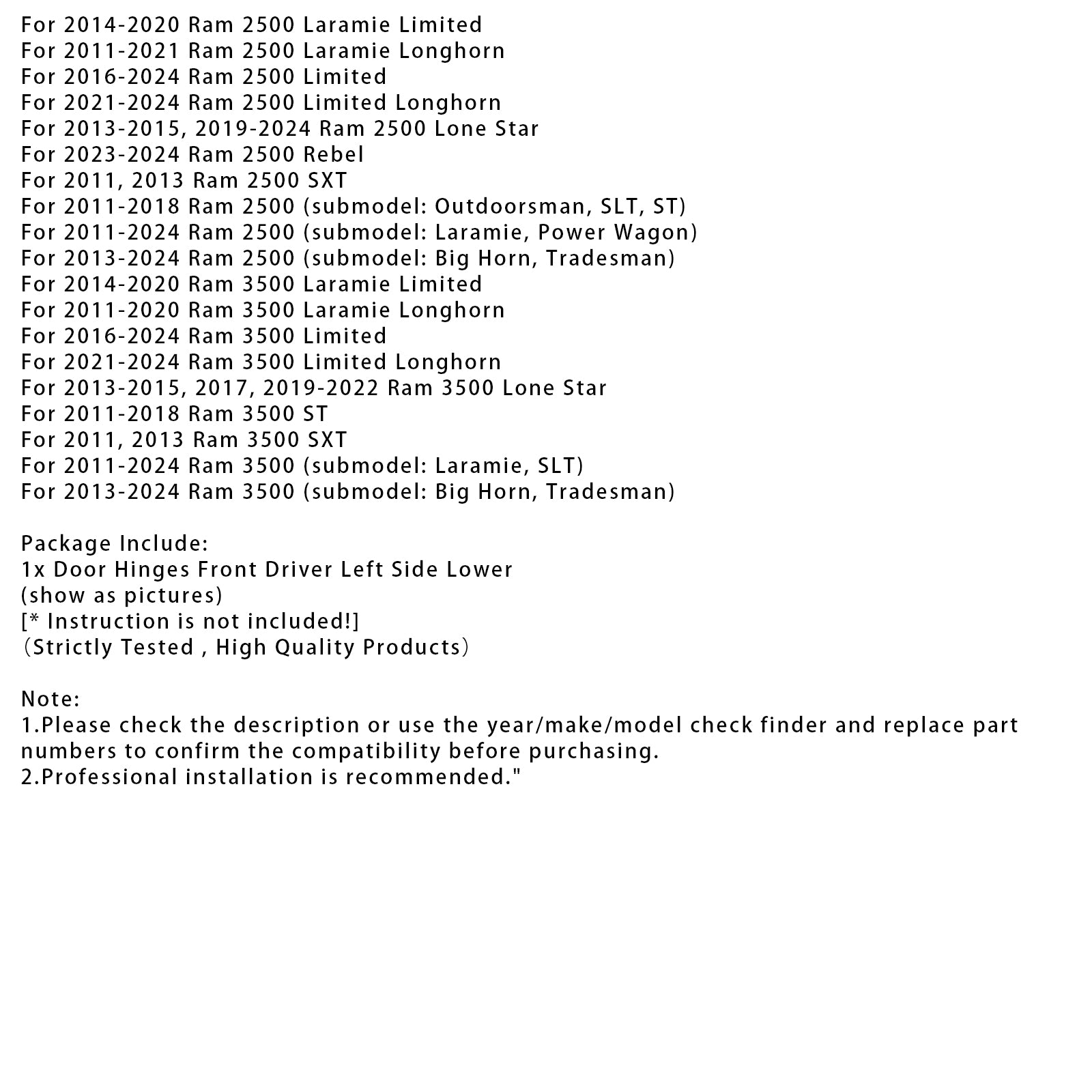 Dørhengsel foran sjåfør venstre side lavere for Dodge Ram Truck Hand 2500 3500 1500