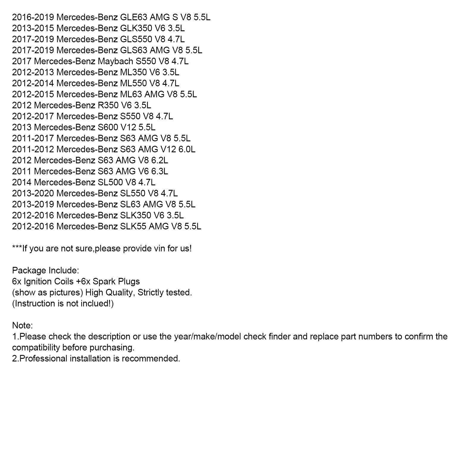 2012-2017 Mercedes-Benz S550 V8 4.7L Ignition Coil +Spark Plug UF741 6pcs 2769063700