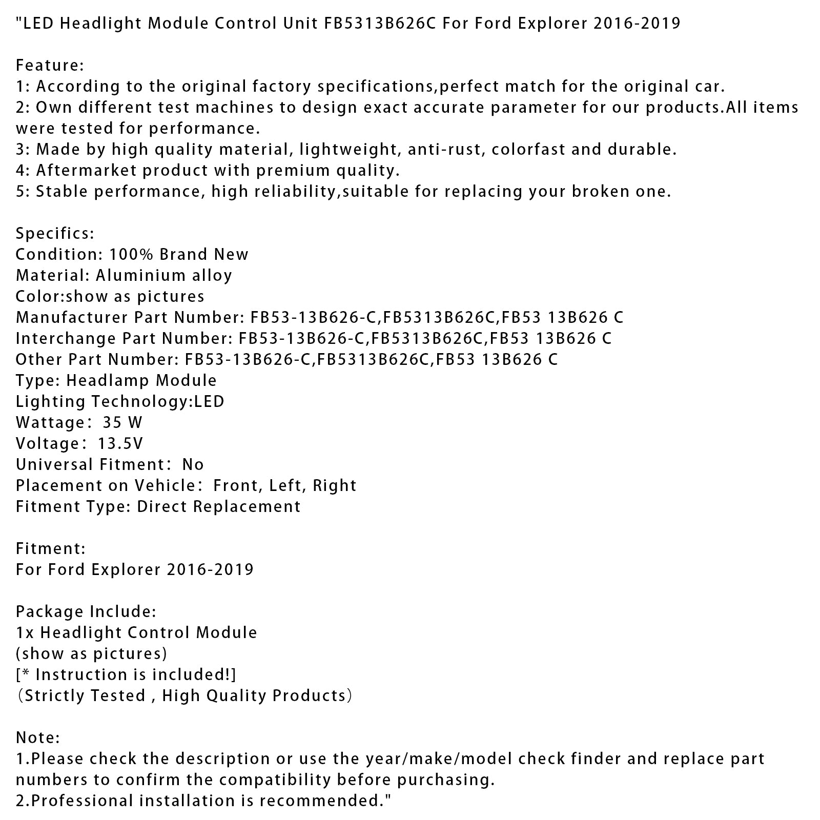 2016-2019 Ford Explorer LED-strålkastarmodul Styrenhet FB5313B626C