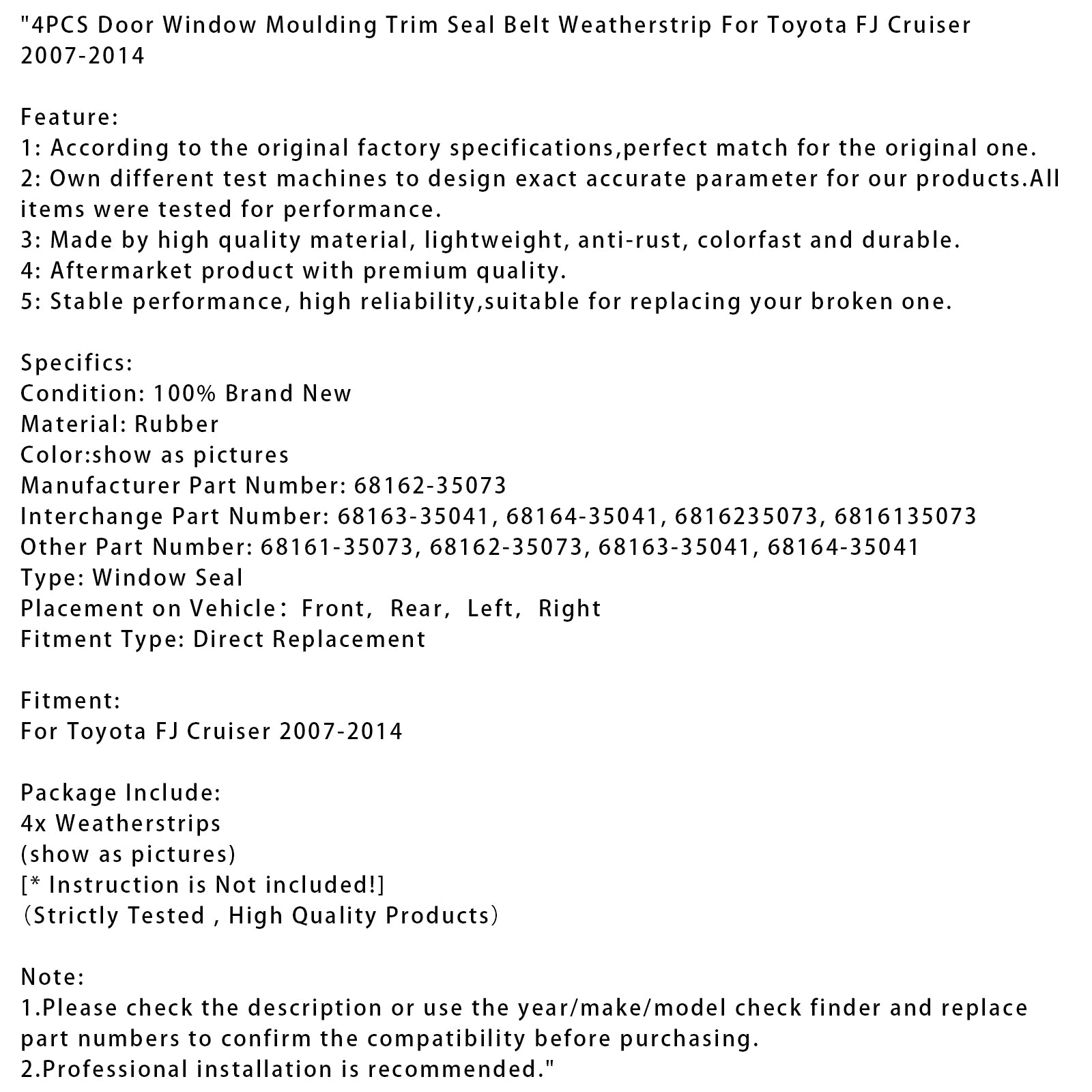 4PCS Window Moulding Trim Seal Belt Weatherstrip For Toyota FJ Cruiser 2007-2014