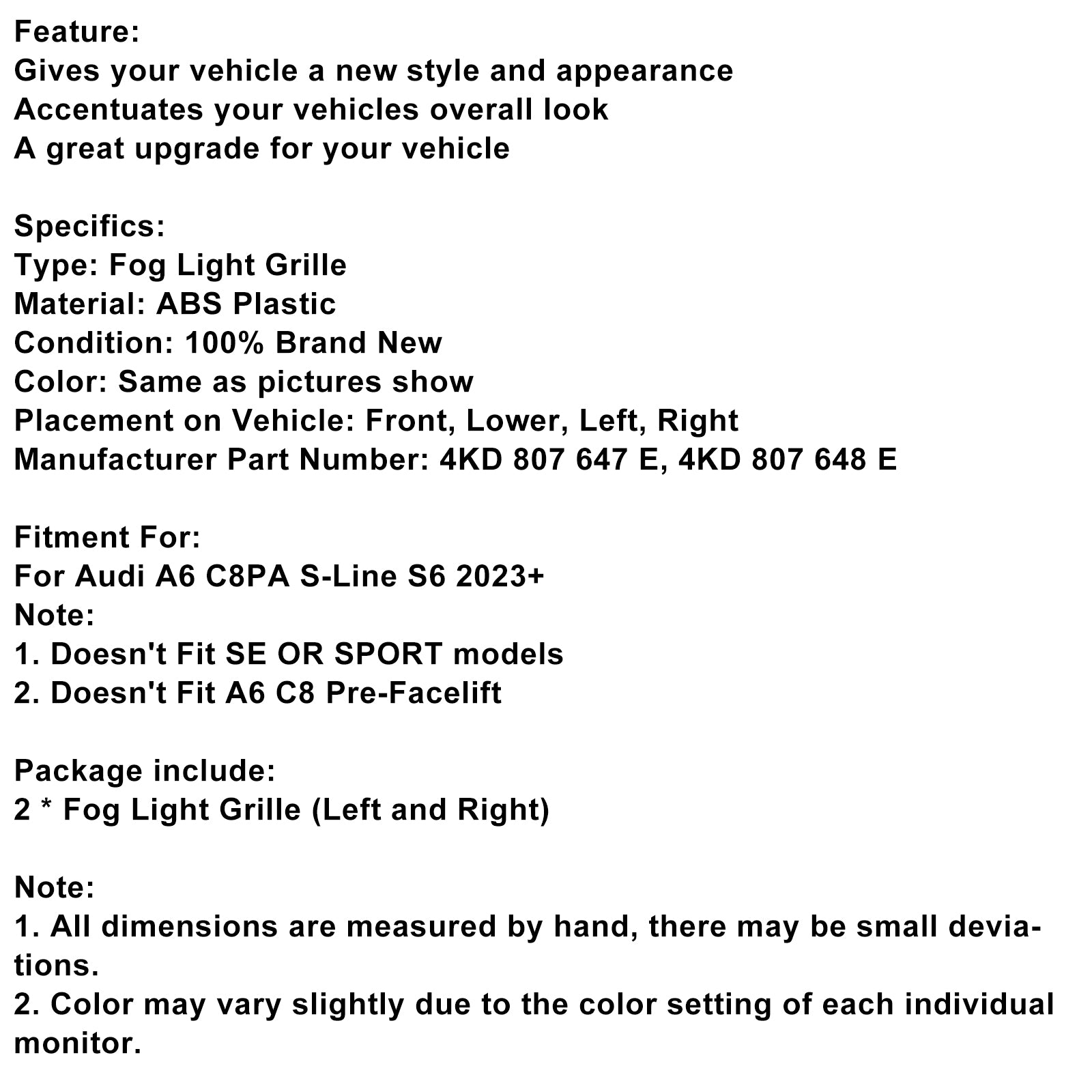 2023+ Audi A6 C8PA S-Line S6 2PCS Front Bumper Fog Light Grille Trim Black Chrome