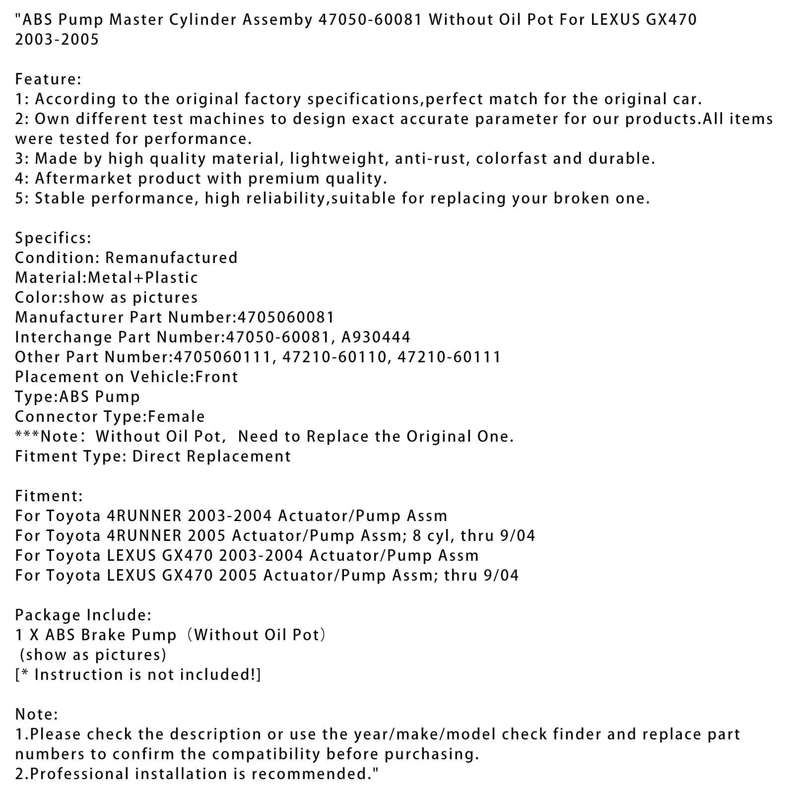 2005 Toyota Lexus GX470 Atuador/Bomba Assm; A-9/04 ABS BOMBRO MASTER DO CILINDRO DE CILINDRO 47050-60081 4705060111