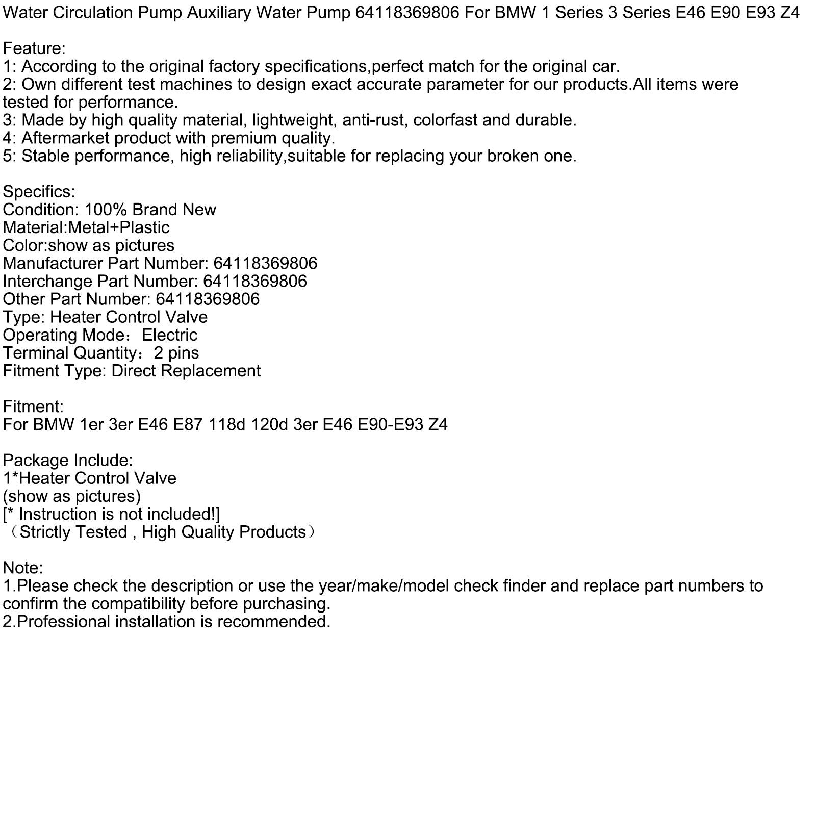 BMW 1er 3er E46 E87 118d 120d 3er E46 E90-E93 Z4 Watercirculatiepomp Extra waterpomp 64118369806