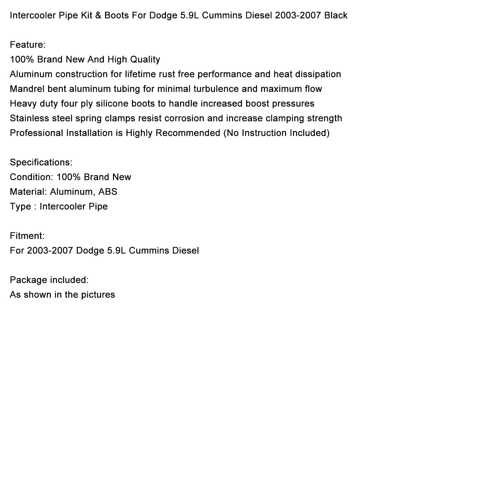 Intercooler rørsett & Støvler til Dodge 5.9L Cummins Diesel 2003-2007 Svart