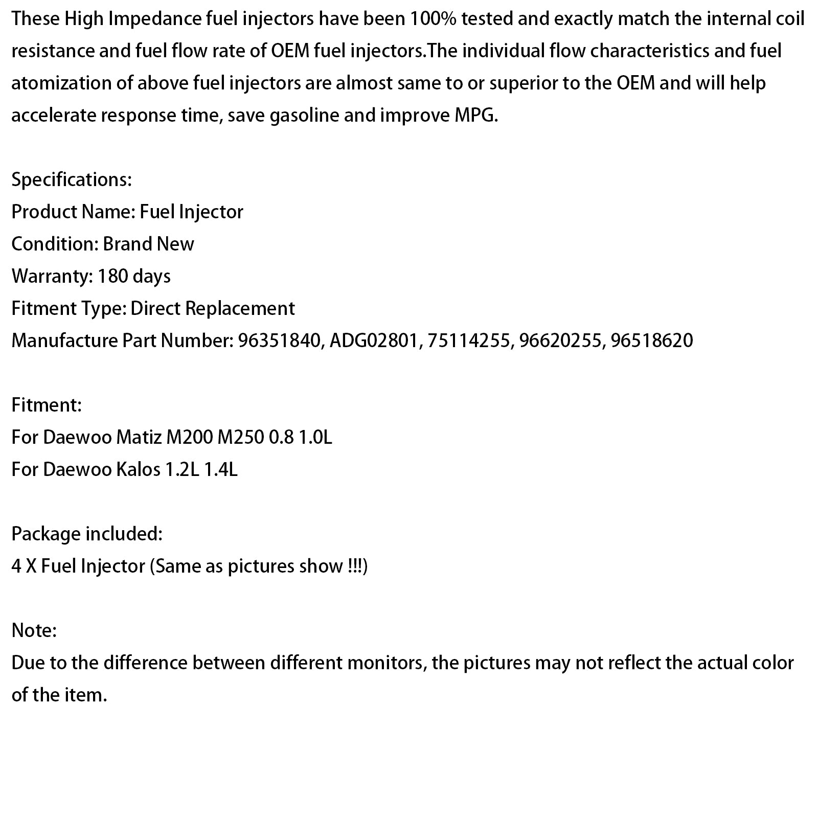 4PCS Fuel Injector 96620255 Fit Chevrolet Fit Daewoo Matiz 0.8L 1.0L 96518620