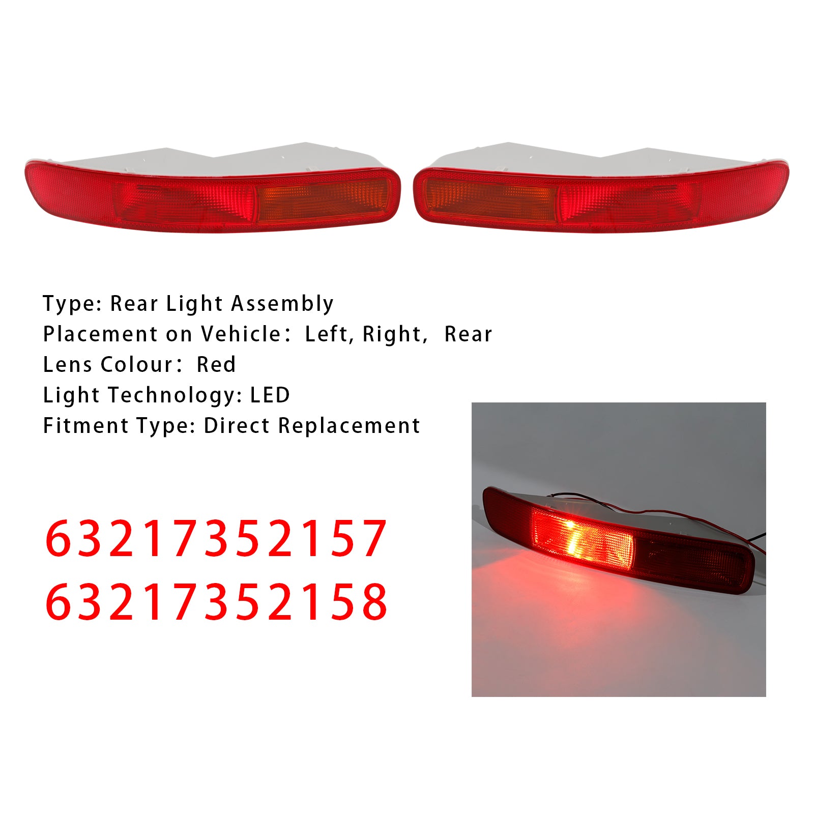 2016-2024 MINI Clubman F54 Vänster+Höger LED Bakre stötfångarljus 63217352157 58