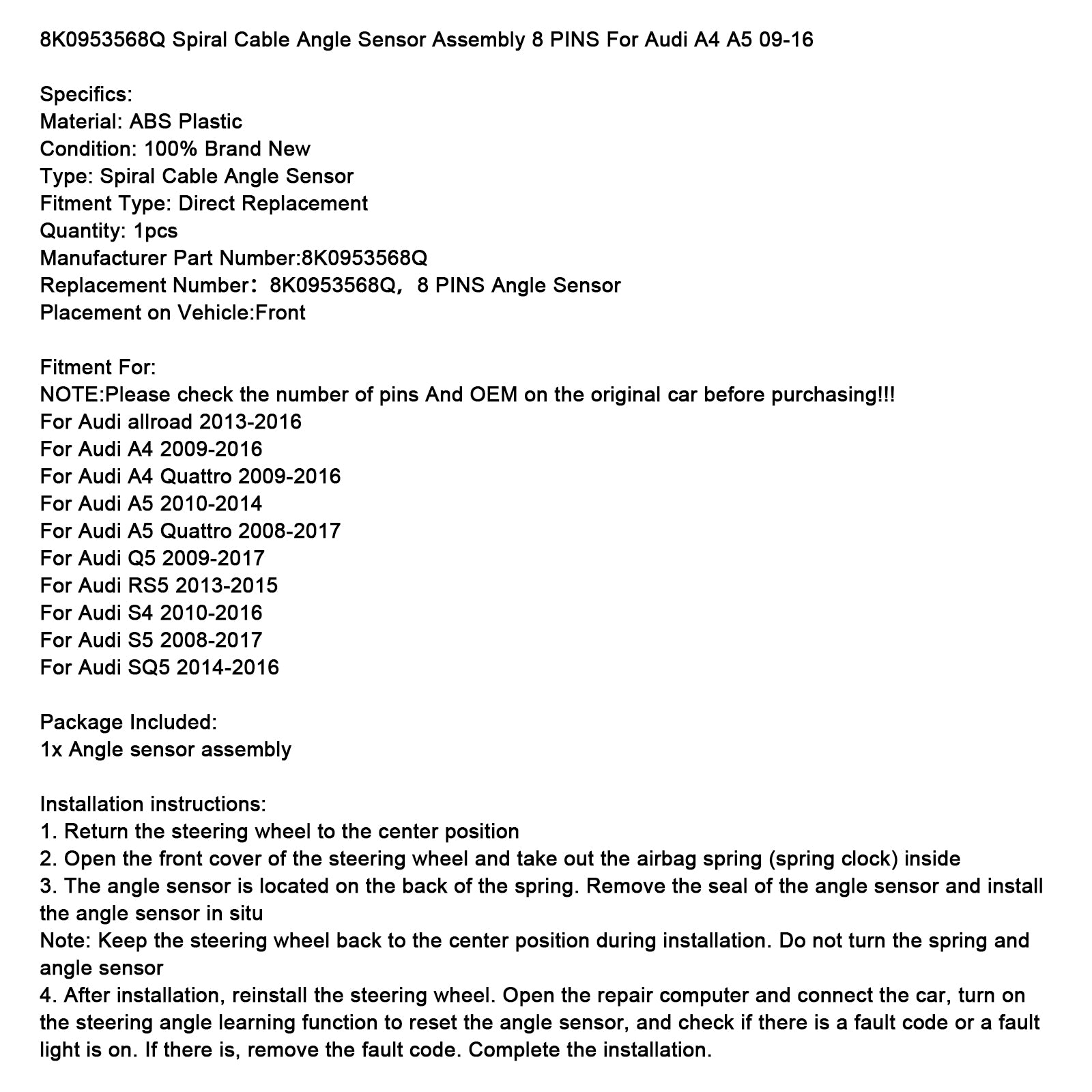 2008-2017 Audi A5 Quattro Spiraalkabel Hoeksensor 8 PINS 8K0953568Q