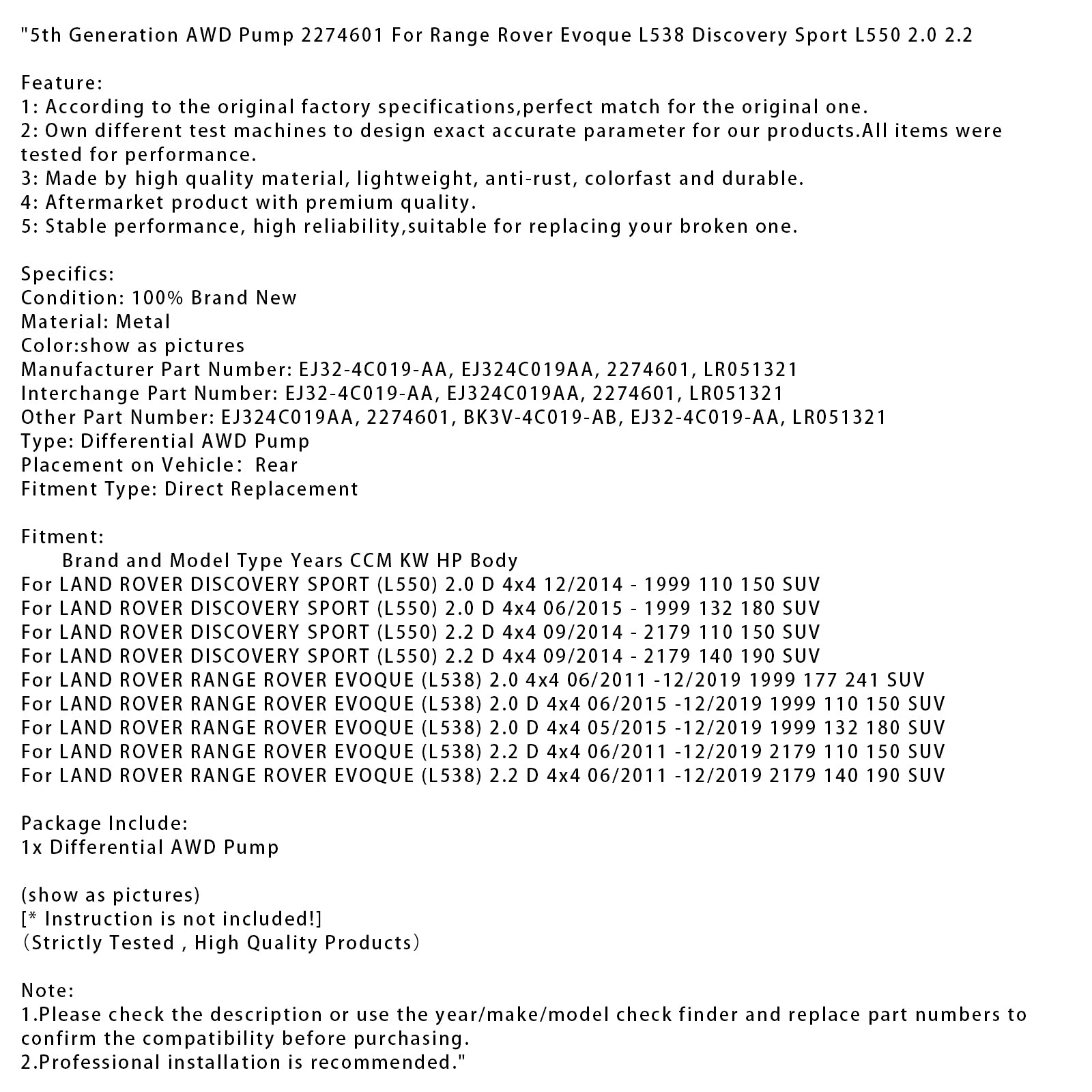 5: e generationens AWD -pump 2274601 för Range Rover Evoque L538 Discovery Sport
