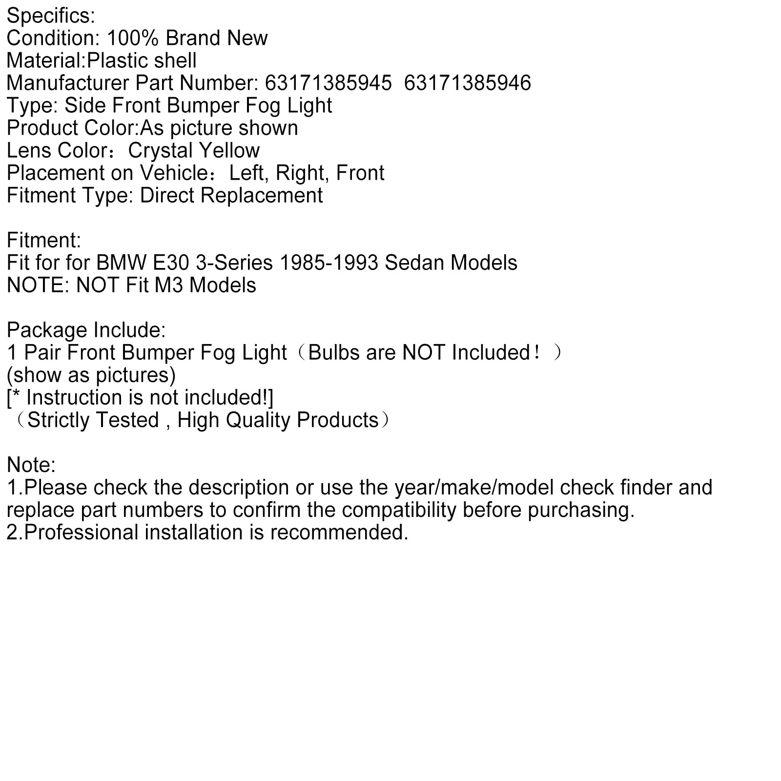 1985-1993 BMW E30 3-Série LH RH Par de parafuso de parafuso de pára-choques dianteiro sem blubs