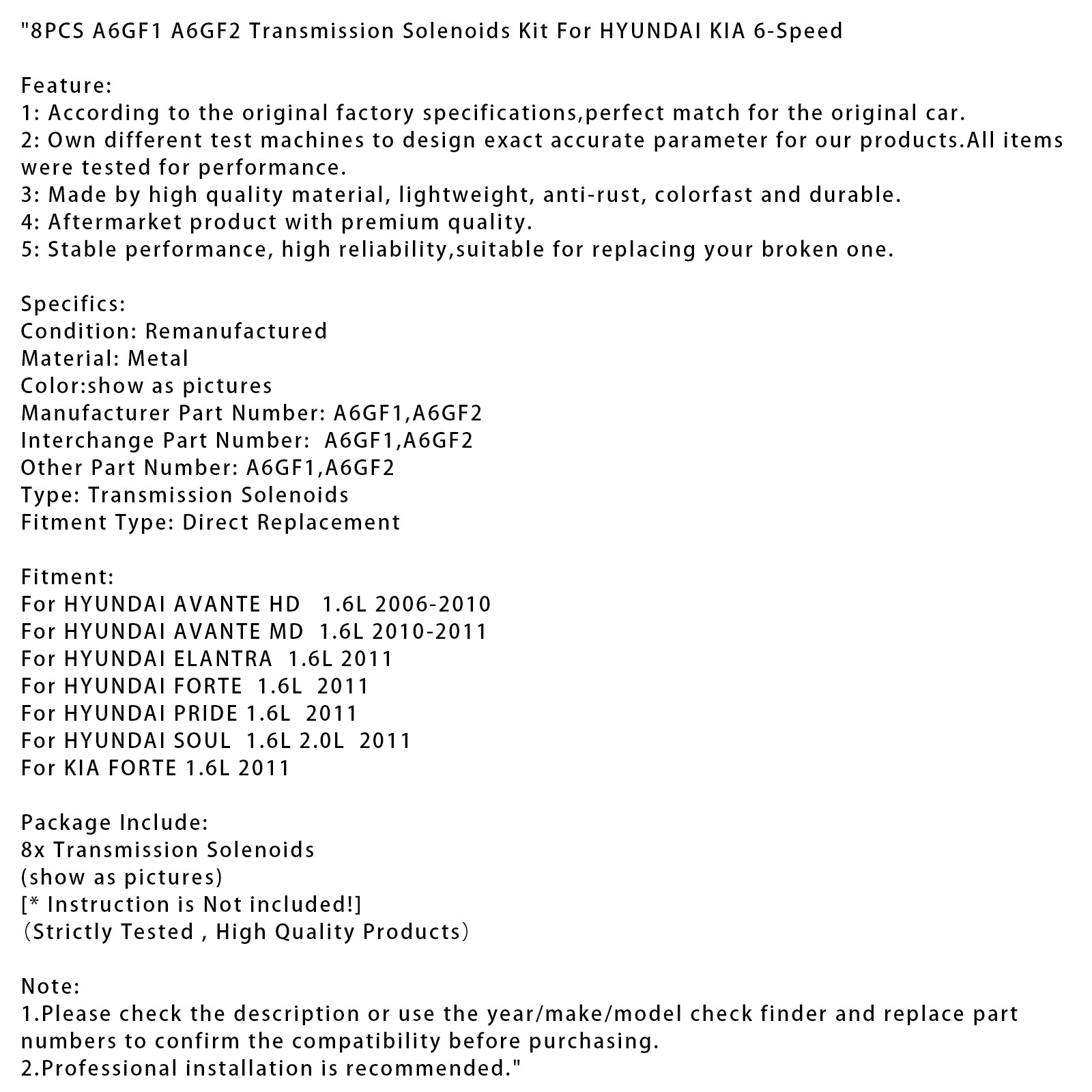 2006-2010 HYUNDAI AVANTE HD 1.6L 8PCS A6GF1 A6GF2 Transmission Solenoids Kit