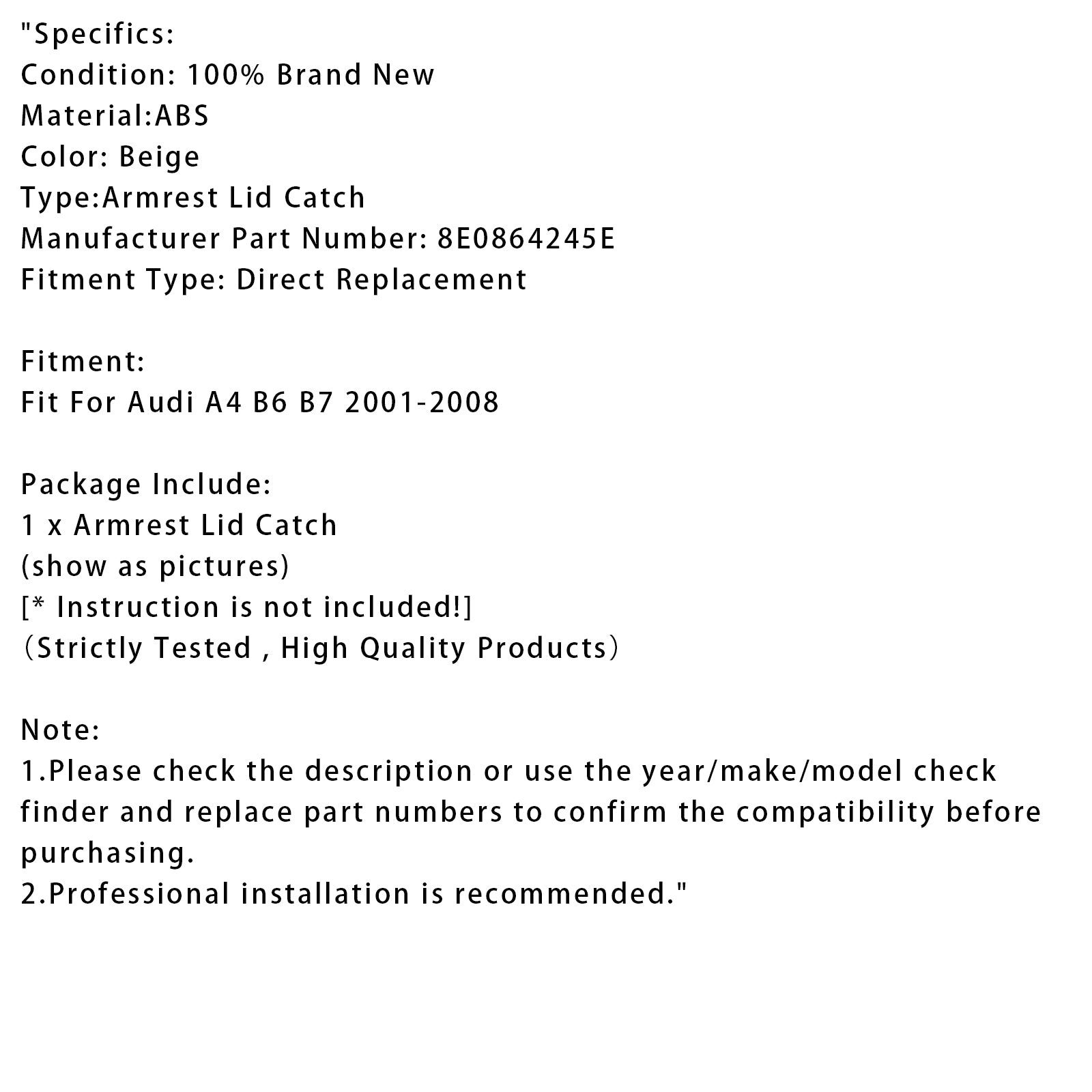 2001-2008 Audi A4 B6 B7 Beige Console Center Armrest Lid Latch 8E0864245E