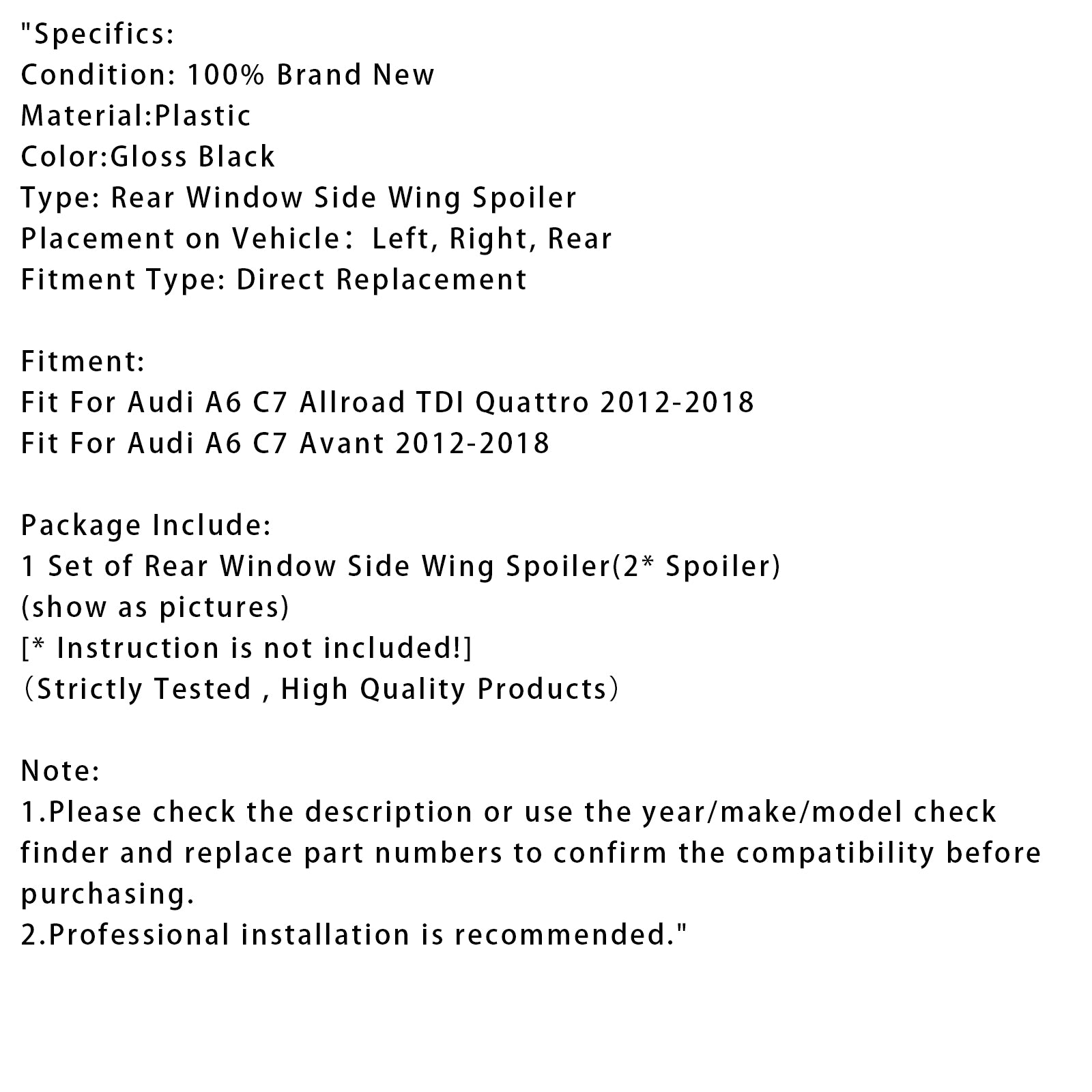 Bloss Black Paire arrière Spoiler de l'aile latérale de la lunette arrière pour Audi A6 C7 ALLORK 12-18