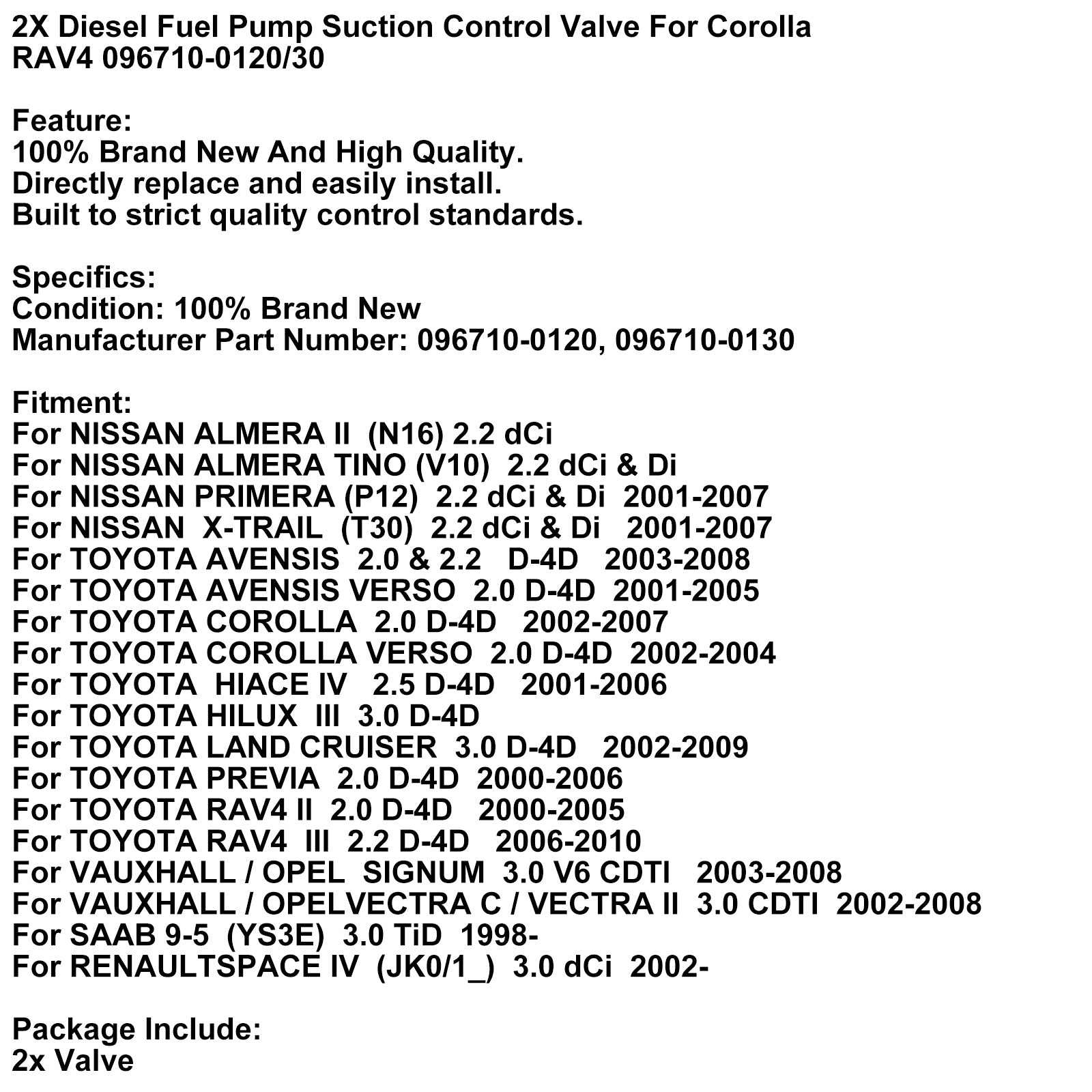 2002-2009 TOYOTA LAND CRUISER 3.0 D-4D 2X Diesel Fuel Pump Suction Control Valve 096710-0120/30 Generic