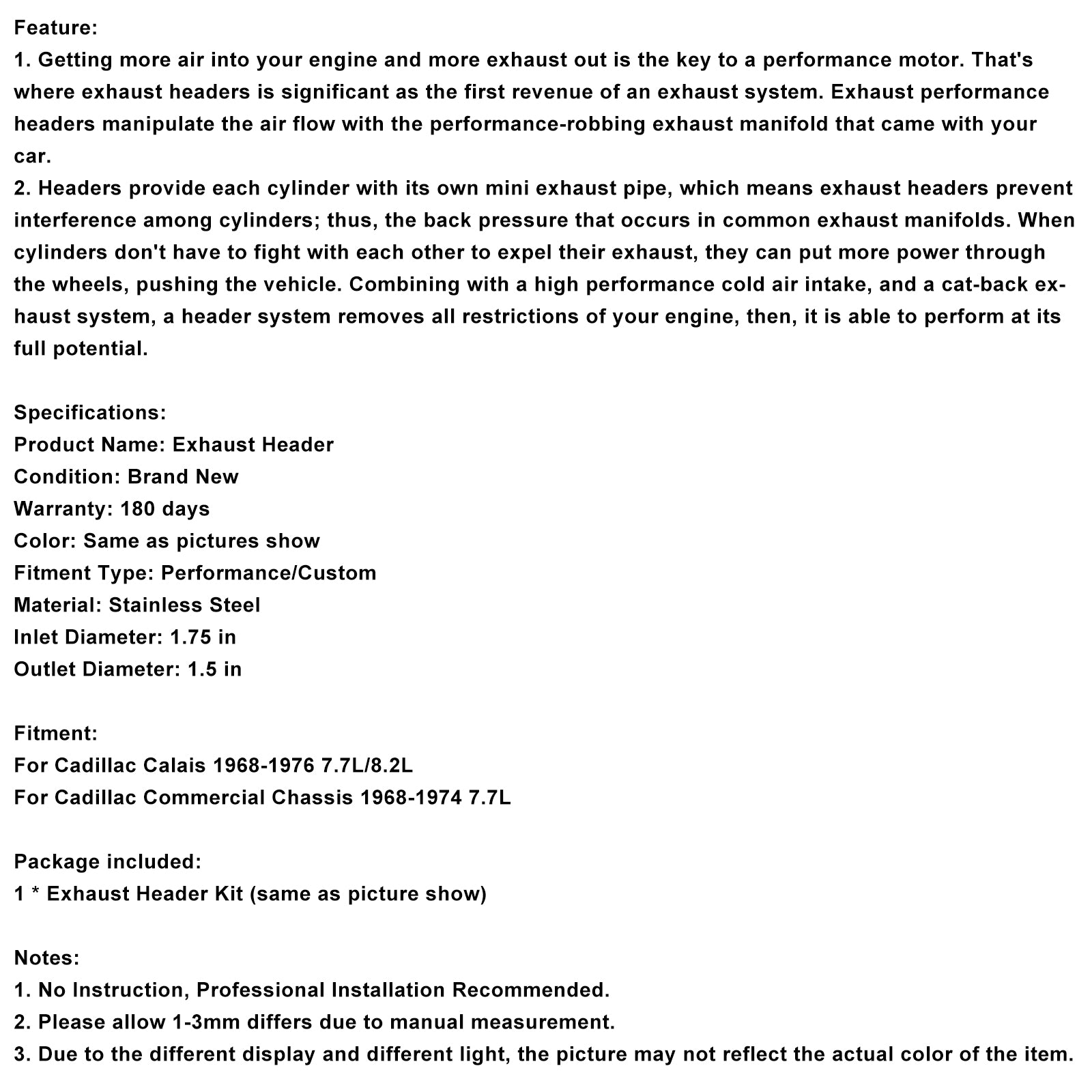 Exhaust Manifold Header Fit Cadillac Calais 1968-1976 Fit Chassis 1968-1974