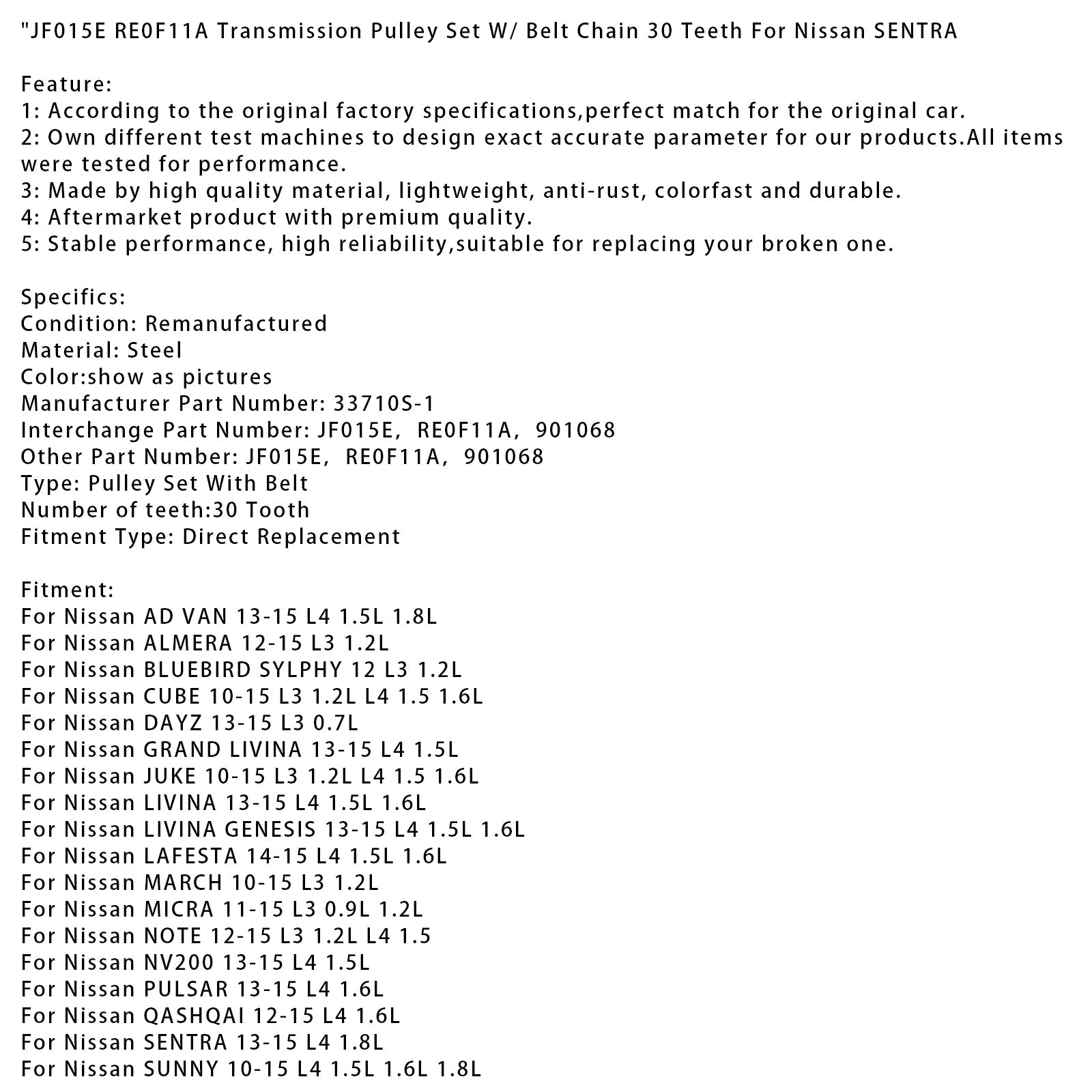2012-2013 MITSUBISHI i L3 0,7L transmissionsremskivasats med remkedja 30 tänder JF015E RE0F11A