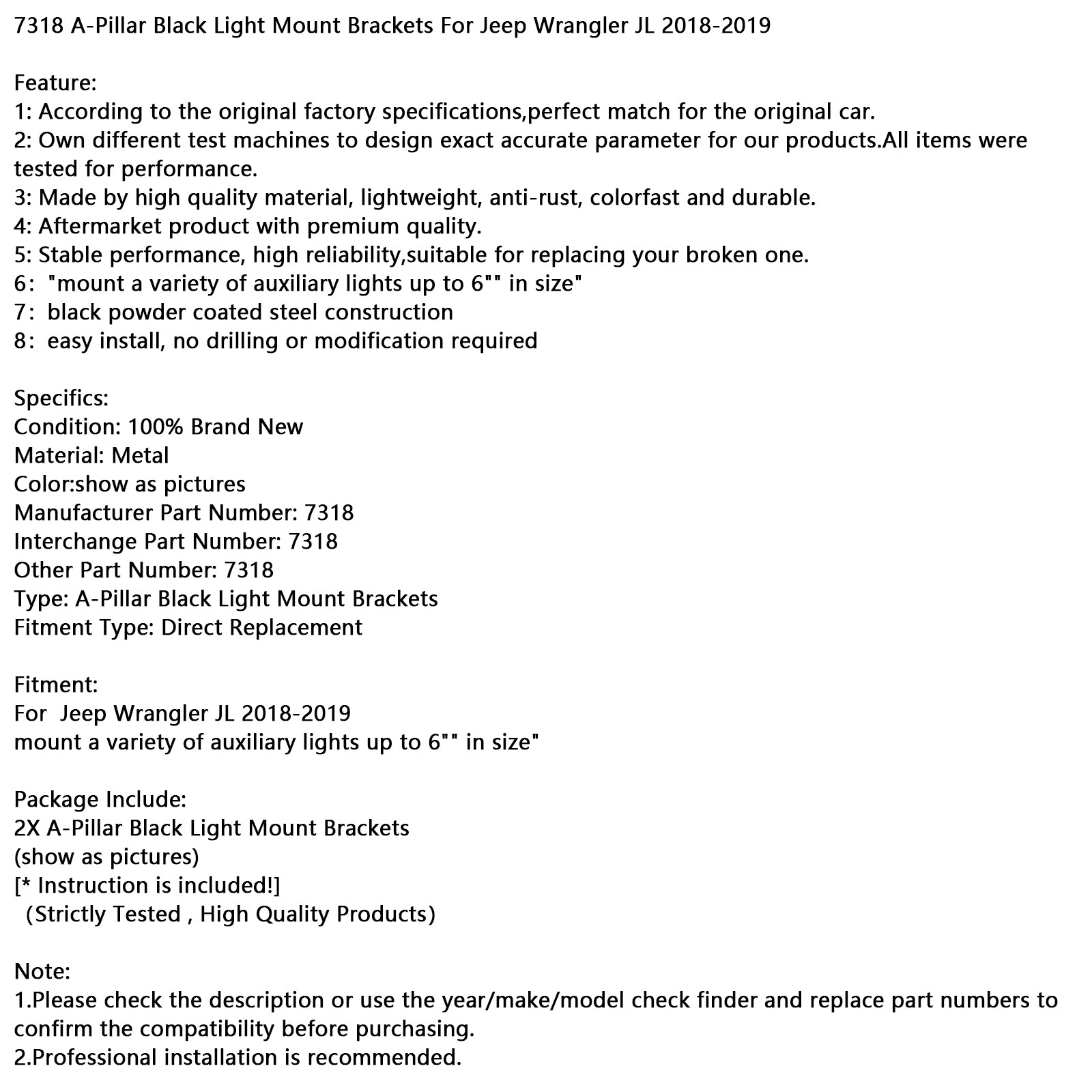 2018-2019Jeep Wrangler JL 7318 A-stijl zwart lichtmontagebeugels