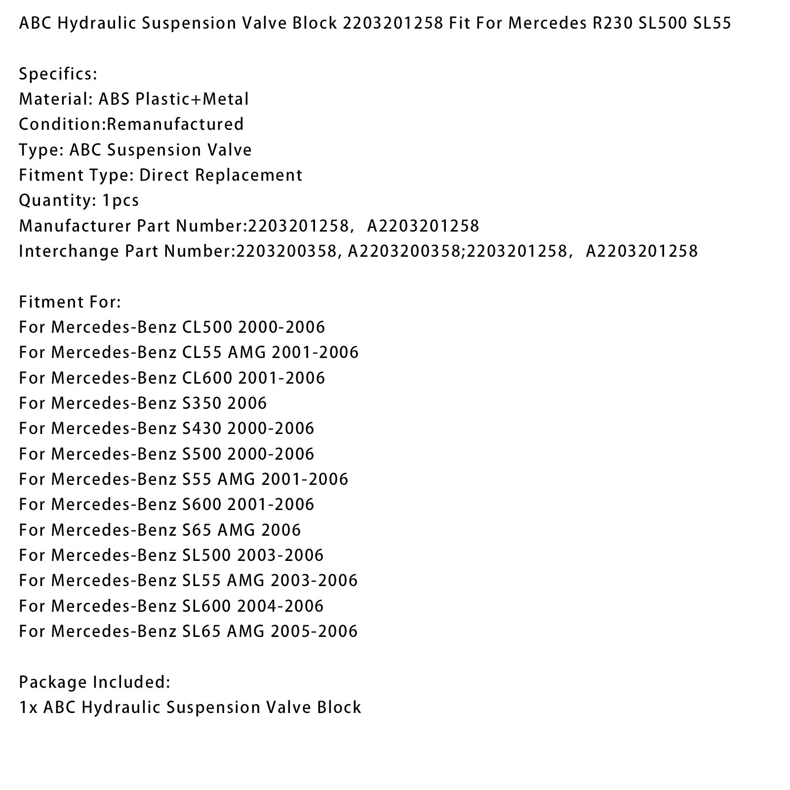 2004-2006 Mercedes-Benz SL600 ABC Hydraulic Suspension Valve Block 2203201258