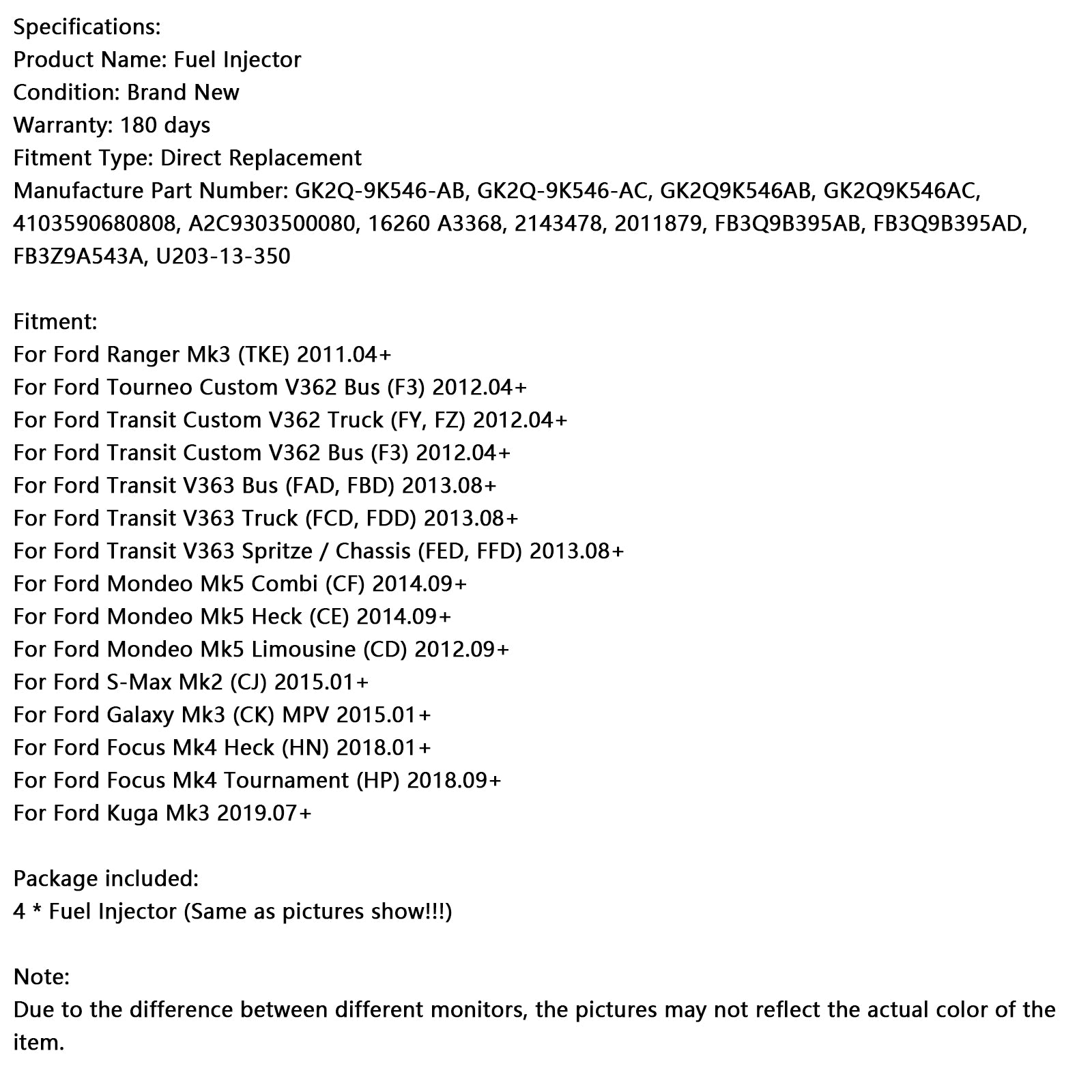 2011.04+ Ford Ranger Mk3 (TKE) 4pcs Injetor de combustível GK2Q-9K546-AC 4103590680808 GK2Q9K546AB