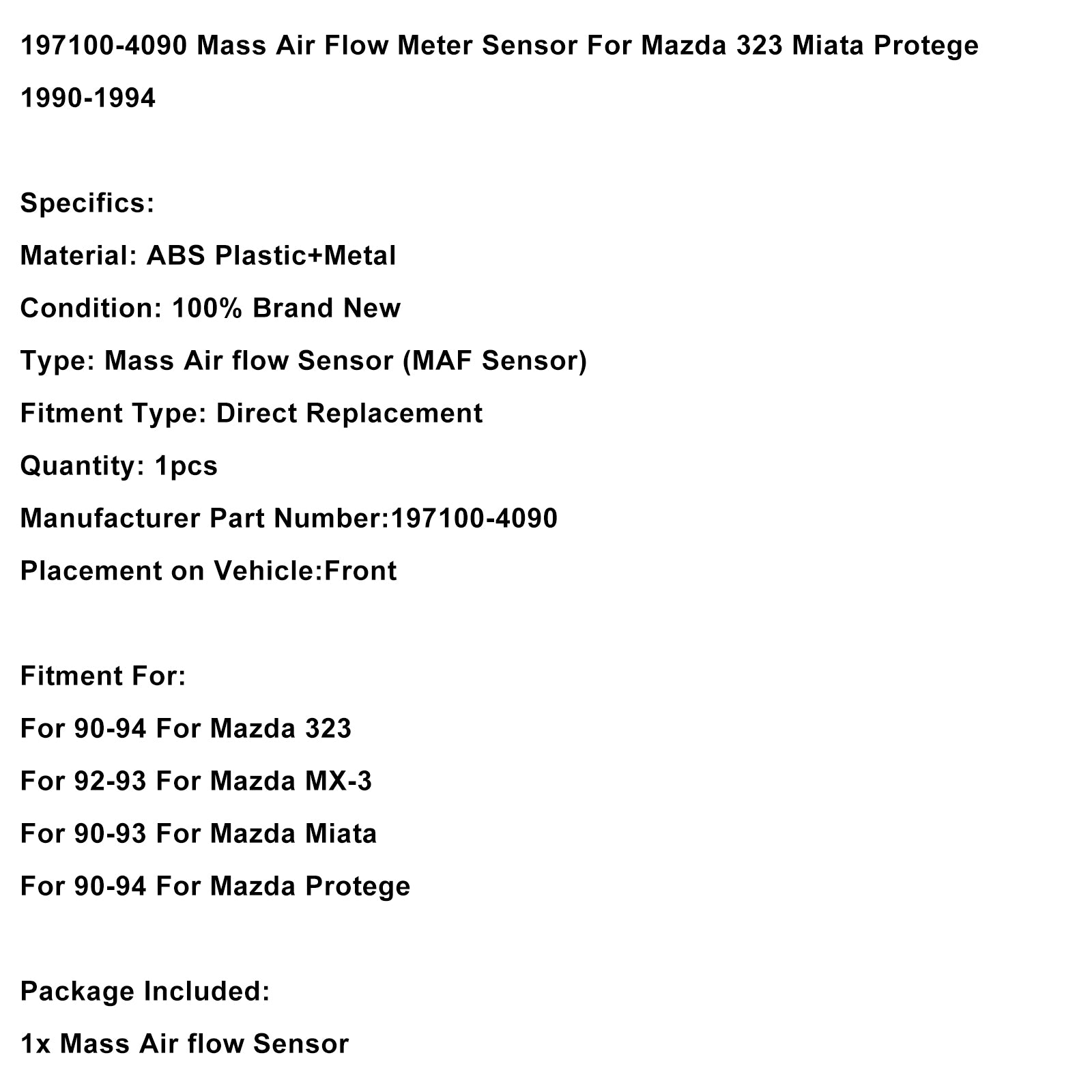 1990-1993 For Mazda Miata Mass Air Flow Meter Sensor 197100-4090