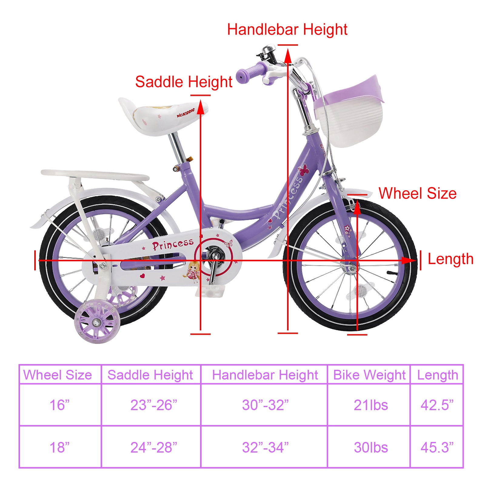 16"/18" Children Princess Bicycle Girls Bike with Removable Training Wheels Pink