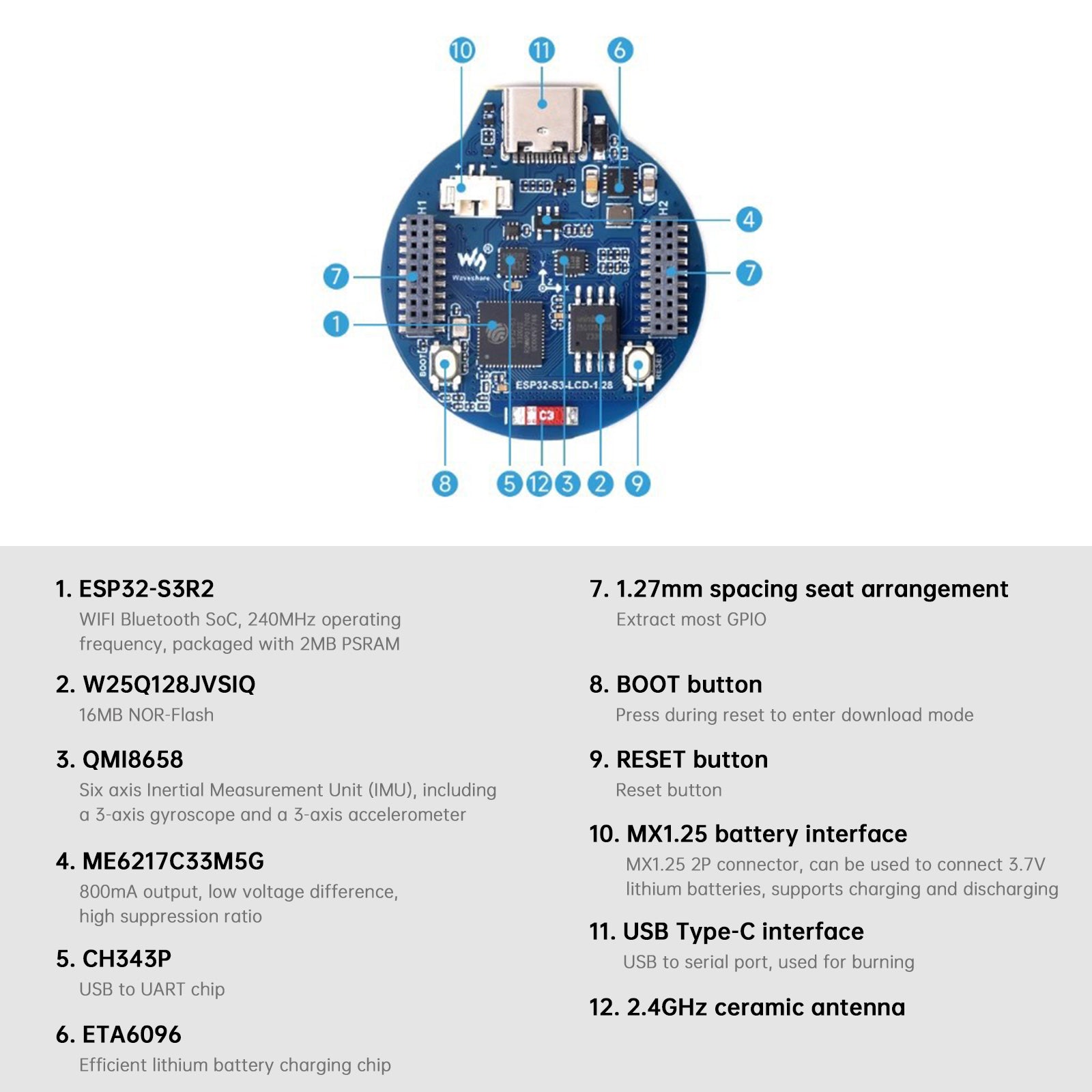 ESP32 S3 ontwikkelingsbord rond IPS-scherm Bluetooth 240Mhz bedrijfsfrequentie