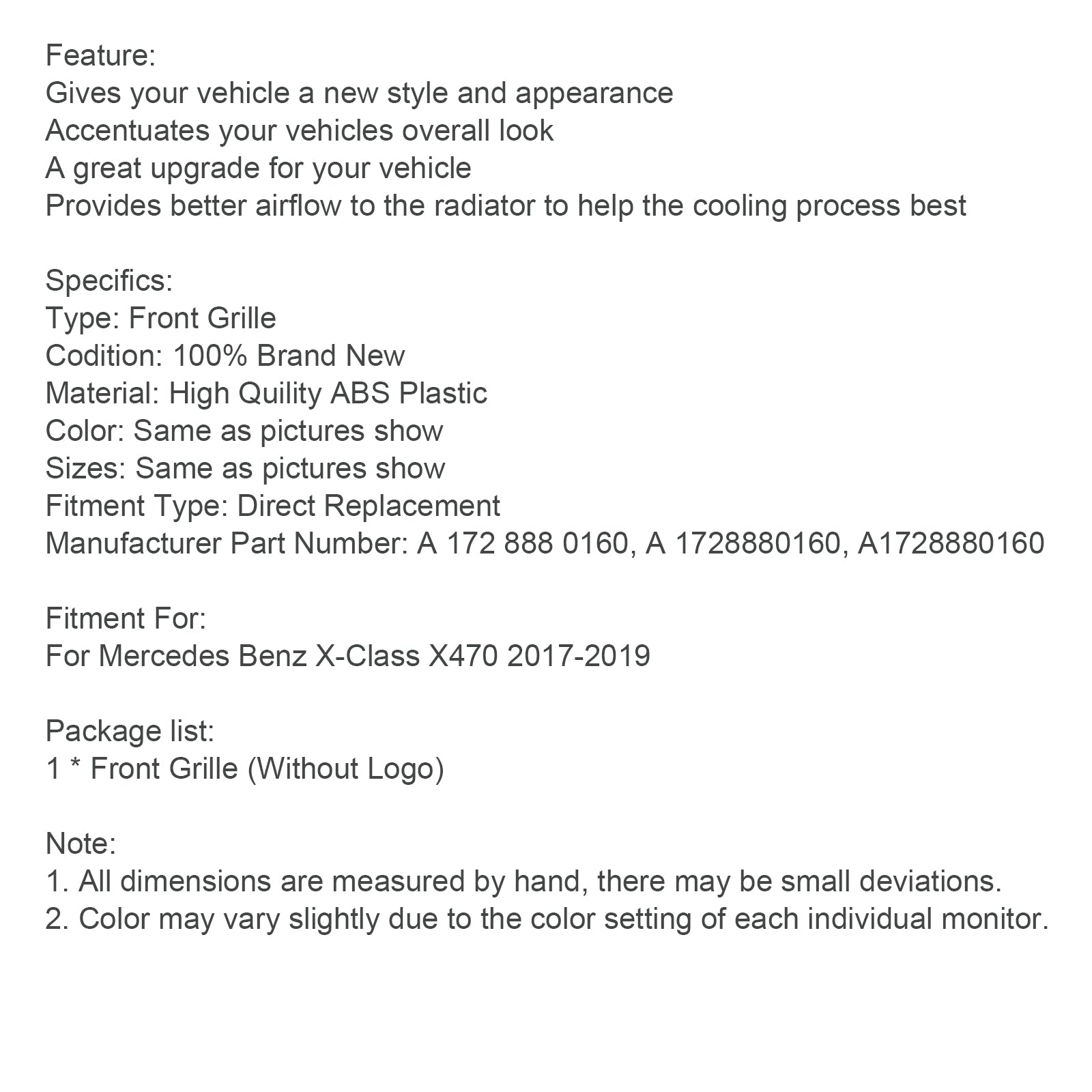 2017-2019 Mercedes Benz X-Class X470 Black Front Bumper Grille Grill